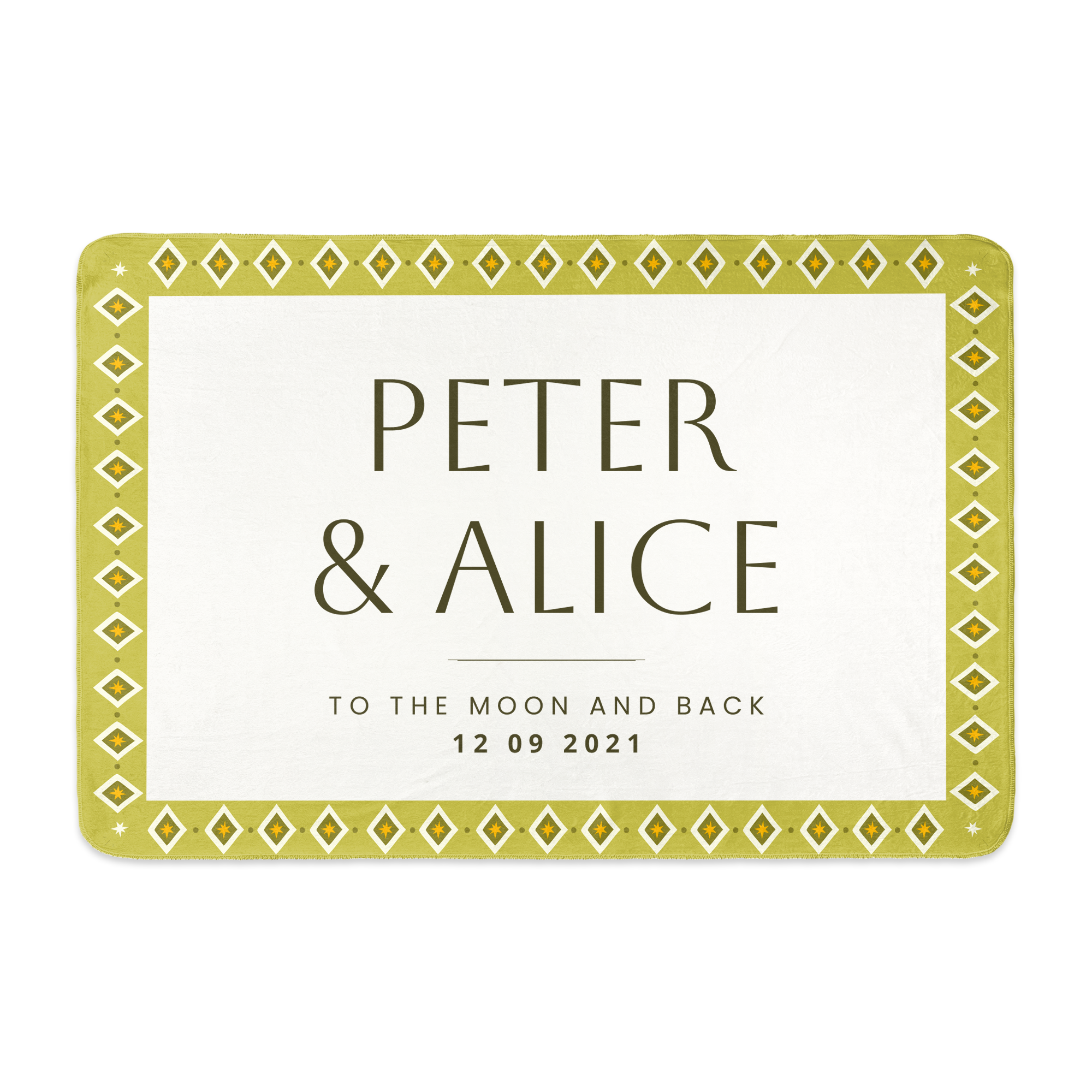 Manta de felpa impresa con los nombres Peter & Alice y la fecha 12 09 2021, con borde decorativo en verde.
