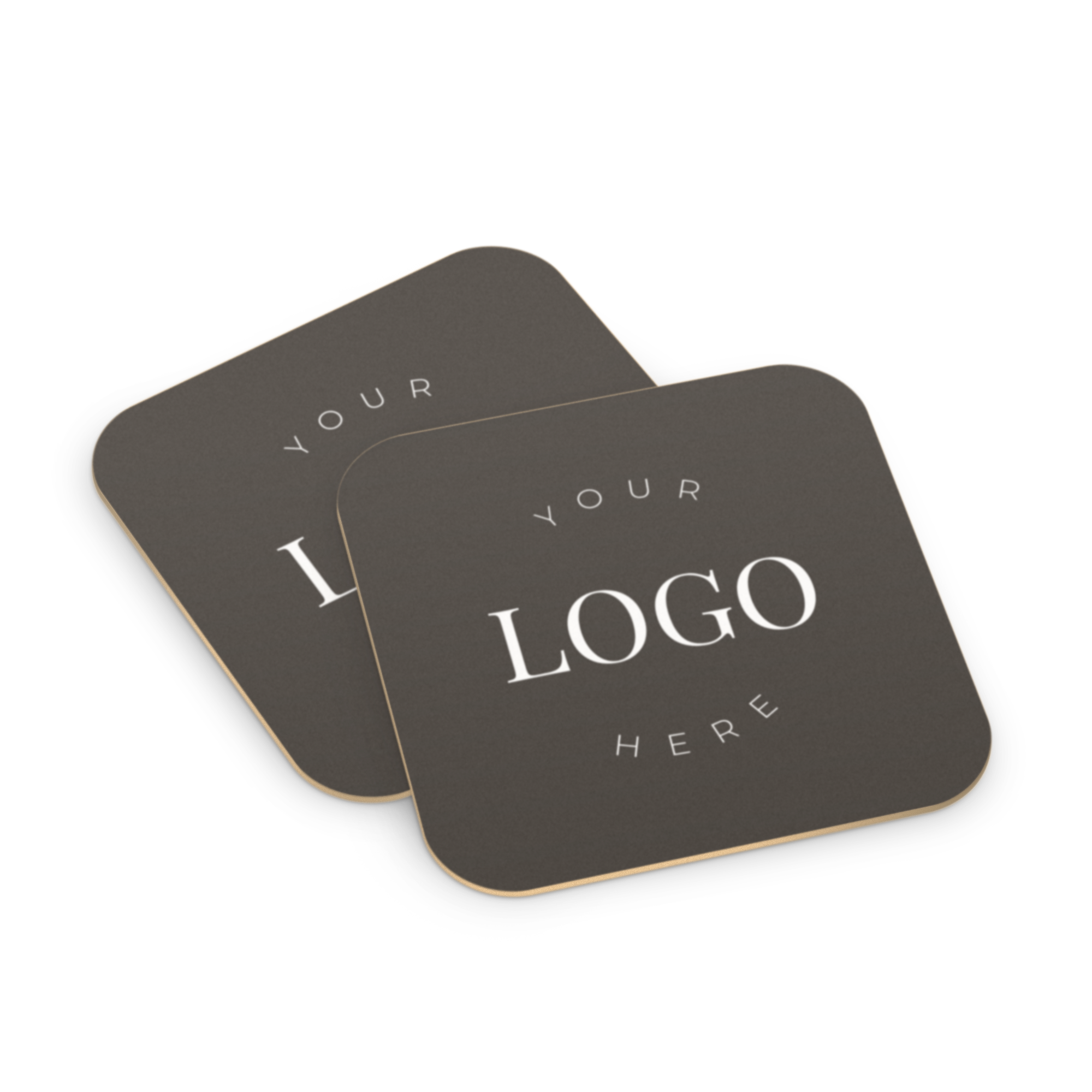 Two square personalized beer coasters with rounded corners printed with a customizable logo on a dark background