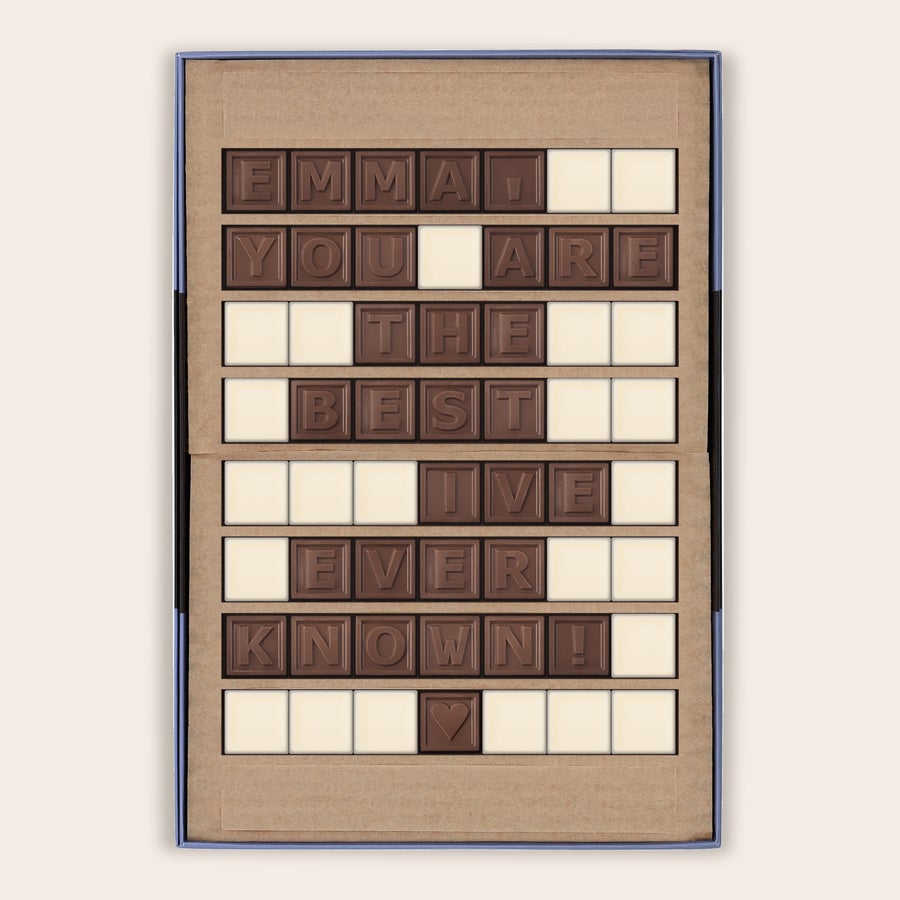 Chocotelegram® Personalizowana czekolada z wiadomością "EMMA! YOU ARE THE BEST I'VE EVER KNOWN!" i sercem