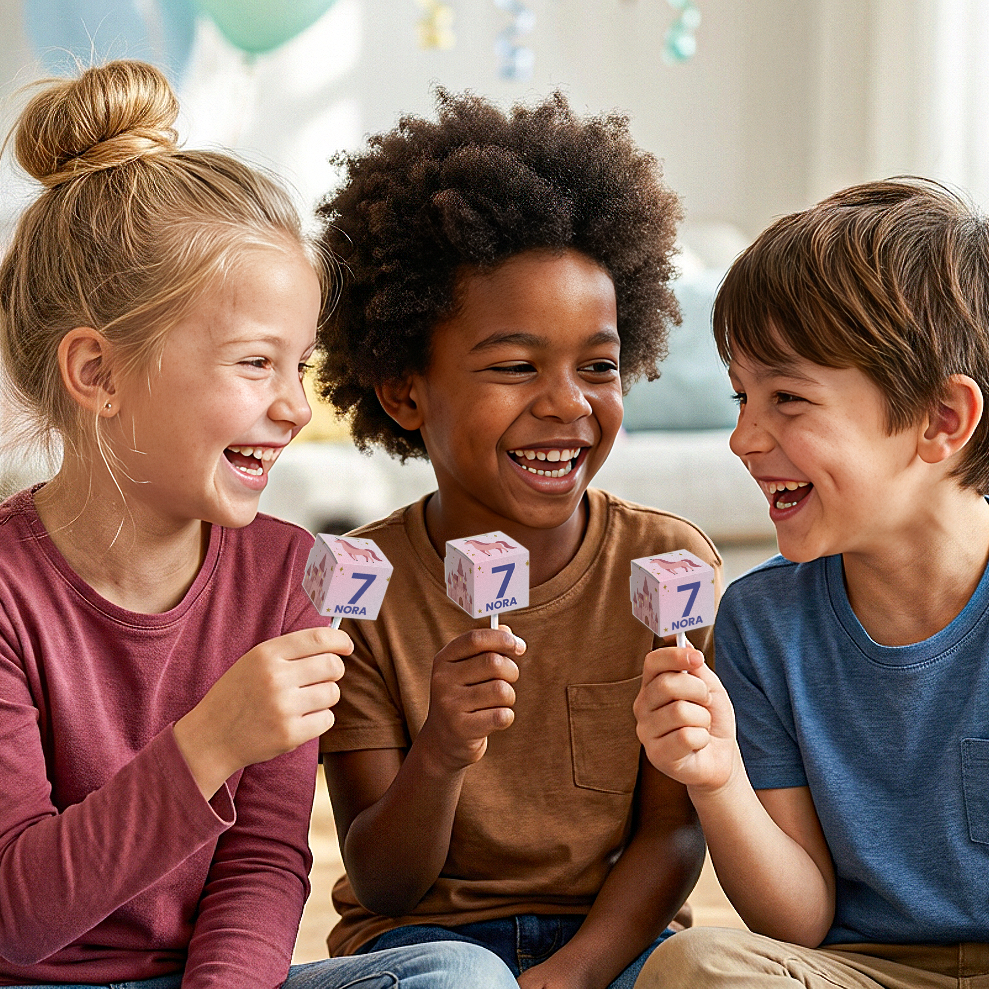 Drie blije kinderen met roze lolly boxes bedrukt met een eenhoorn, het getal 7 en de naam Nora. De lolly box bedrukken kan in 20 stuks met eigen ontwerp.