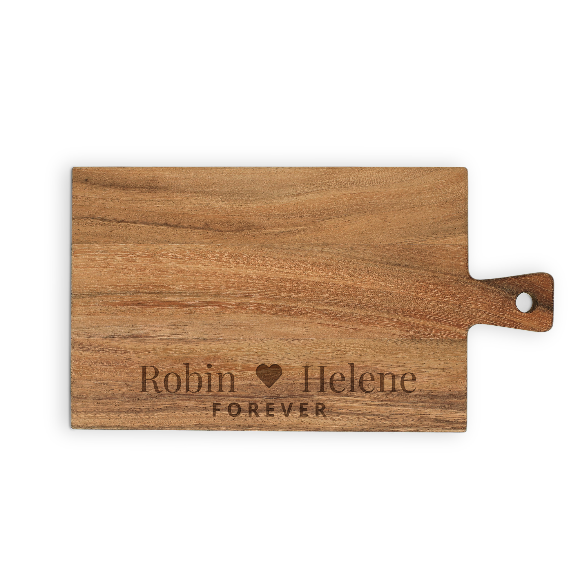 Personlig serveringsfat i tre, gravert med navnene Robin og Helene og teksten "FOREVER"