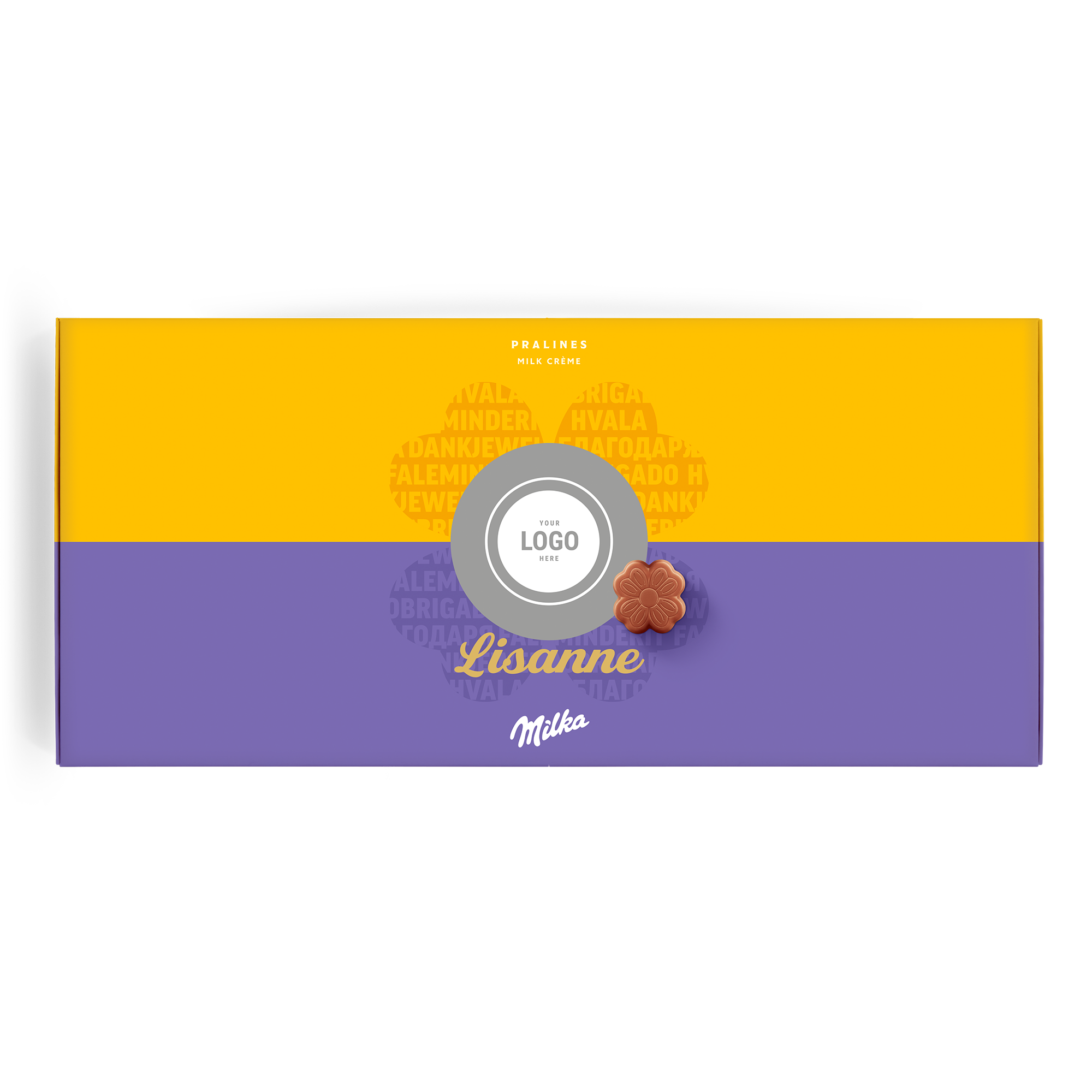 Gepersonaliseerde Say it with Milka giftbox met foto en naam Lisanne, gevuld met pralines.