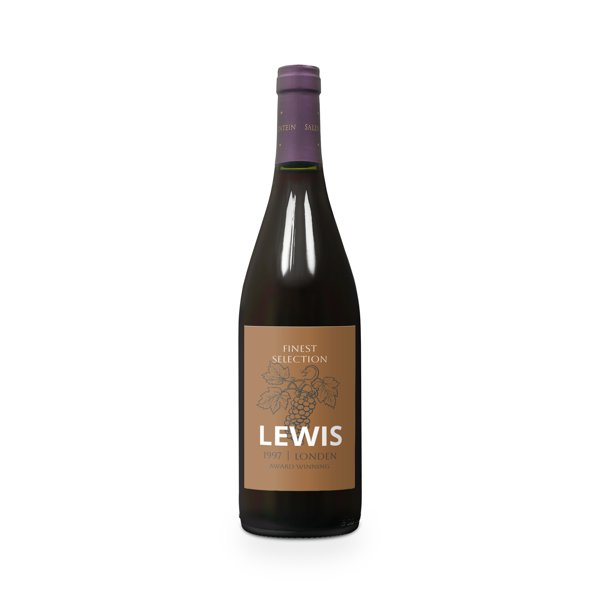 Bottle of Salentein Pinot Noir with a photo and text label that reads Lewis, 1997, London, Award Winning.
