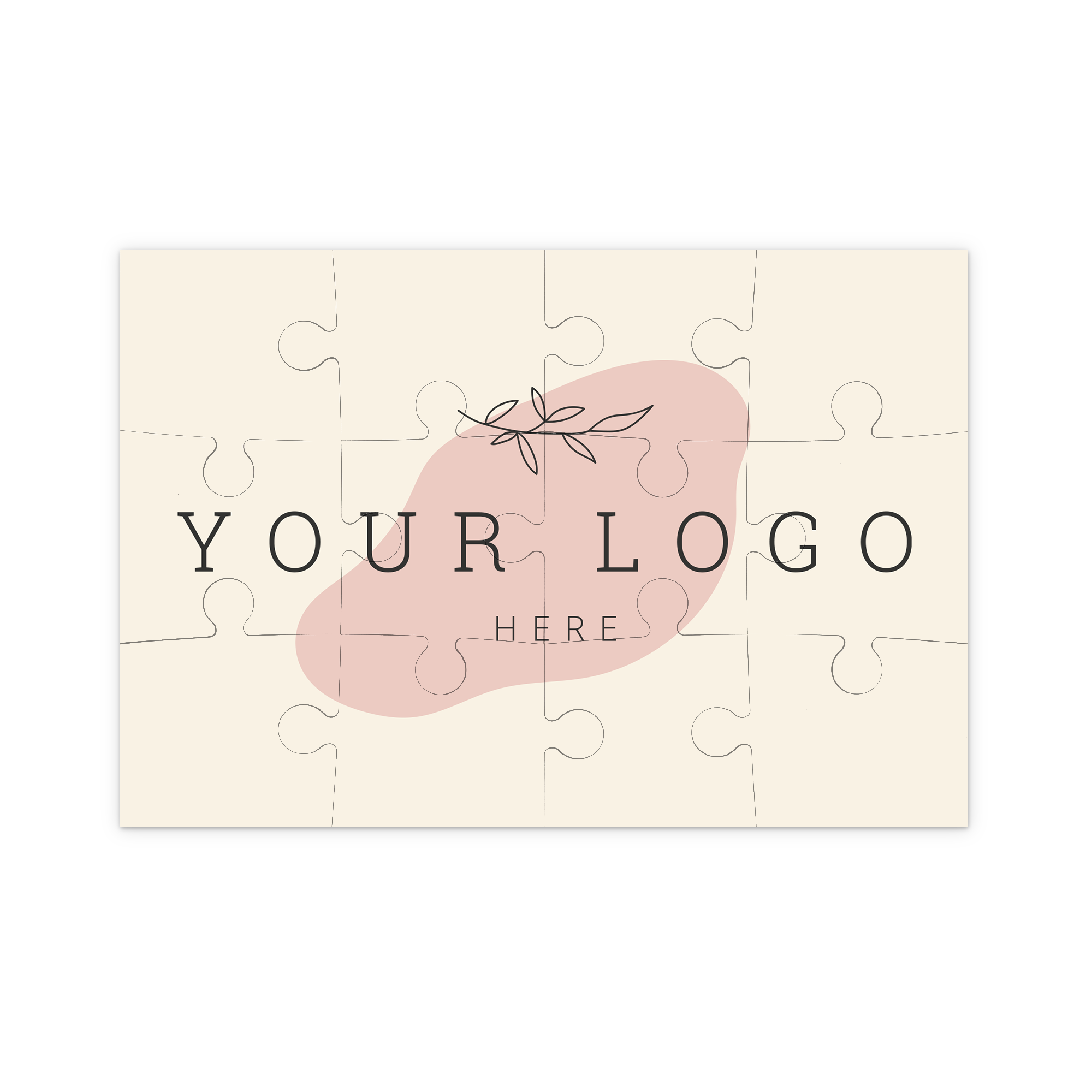 Rompecabezas fotográfico con diseño abstracto personalizado con el texto "YOUR LOGO HERE" impreso sobre una base rosa pastel.