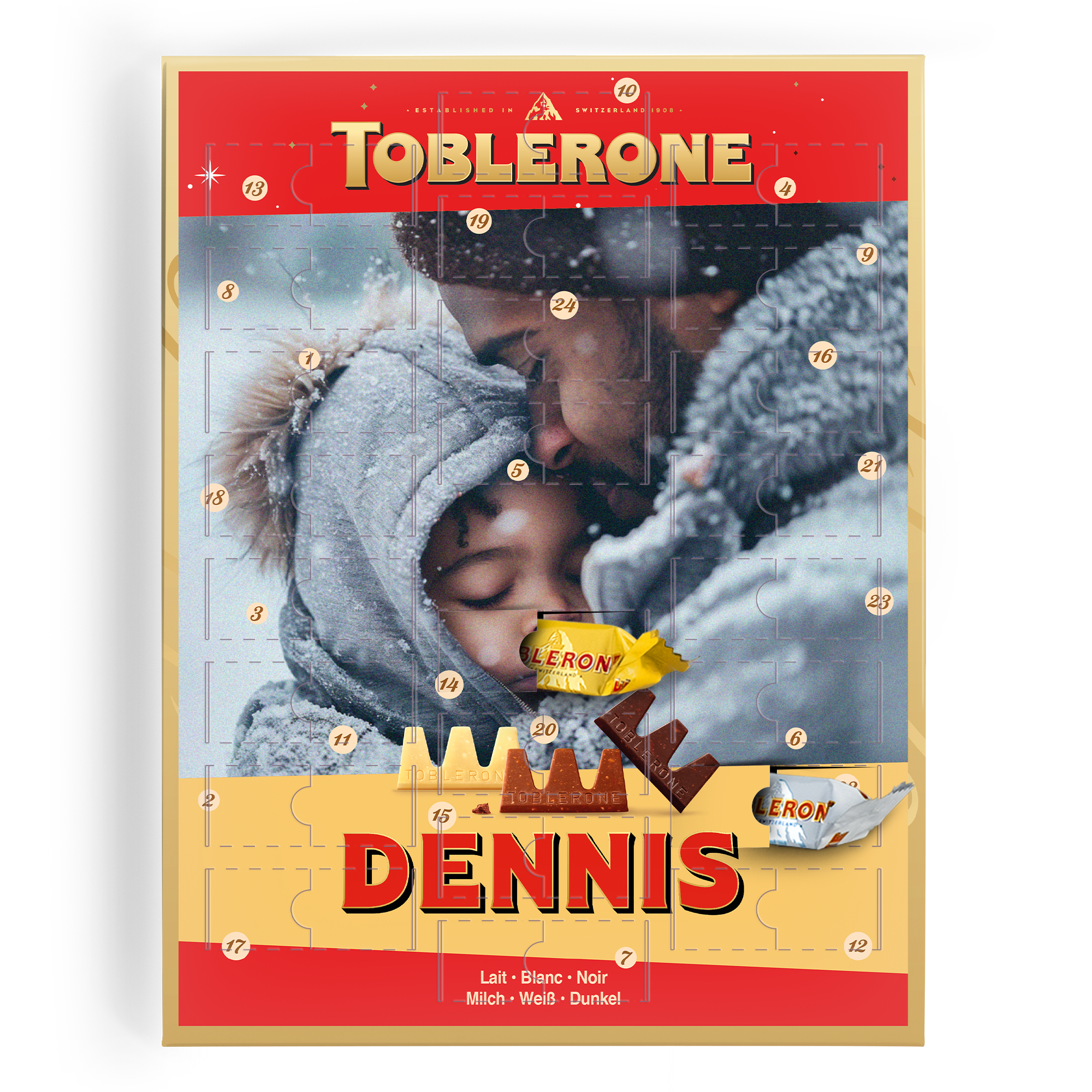 Gepersonaliseerde Toblerone adventskalender bedrukt met foto van een vader en kind in de sneeuw en de naam Dennis