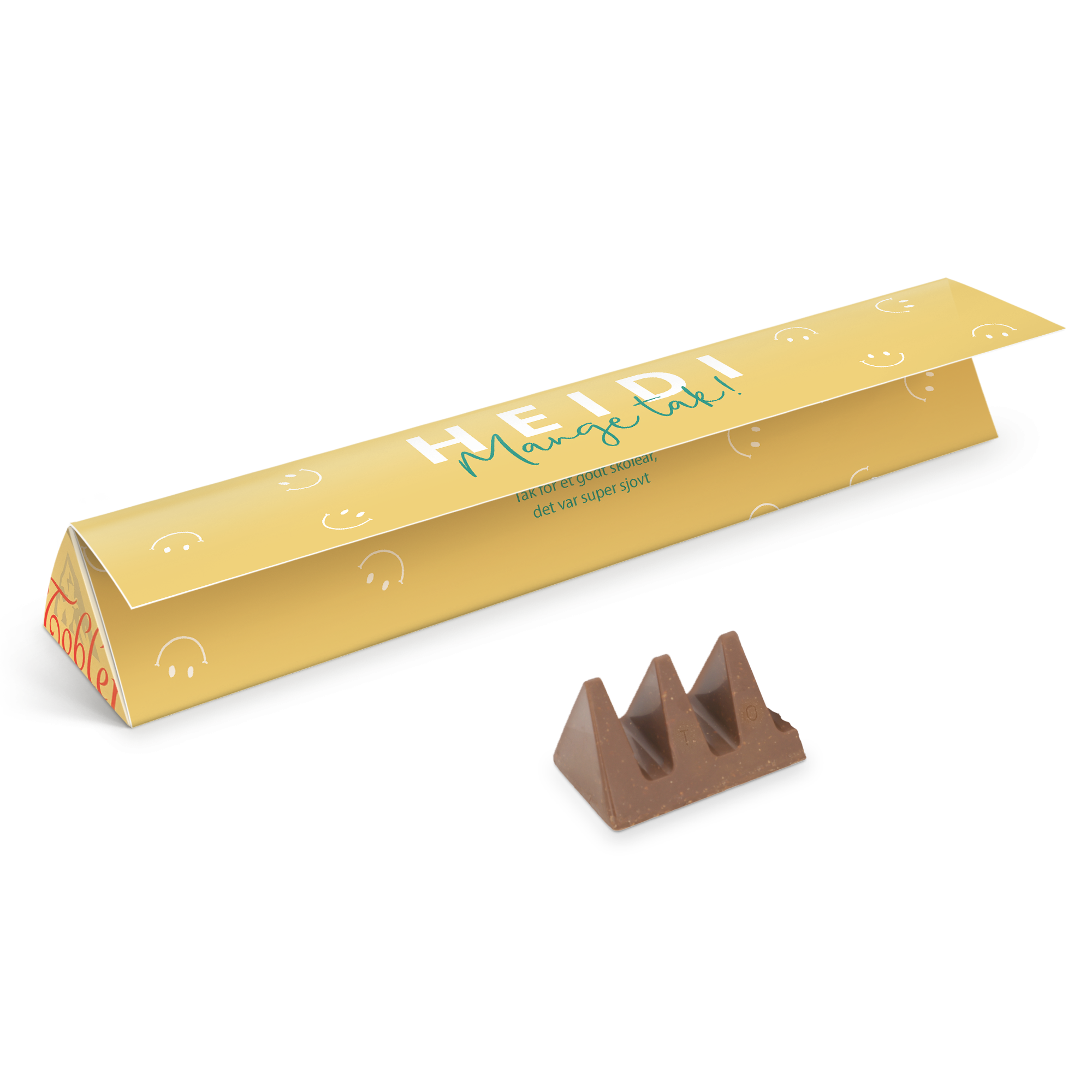En stor personlig Toblerone chokolade siger mere end 1000 ord med printet navn Heidi på indpakningen