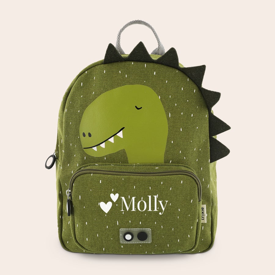 Zaino per Bambini Personalizzato - Trixie Zaino per bambini personalizzato verde con dinosauro e nome Molly stampato
