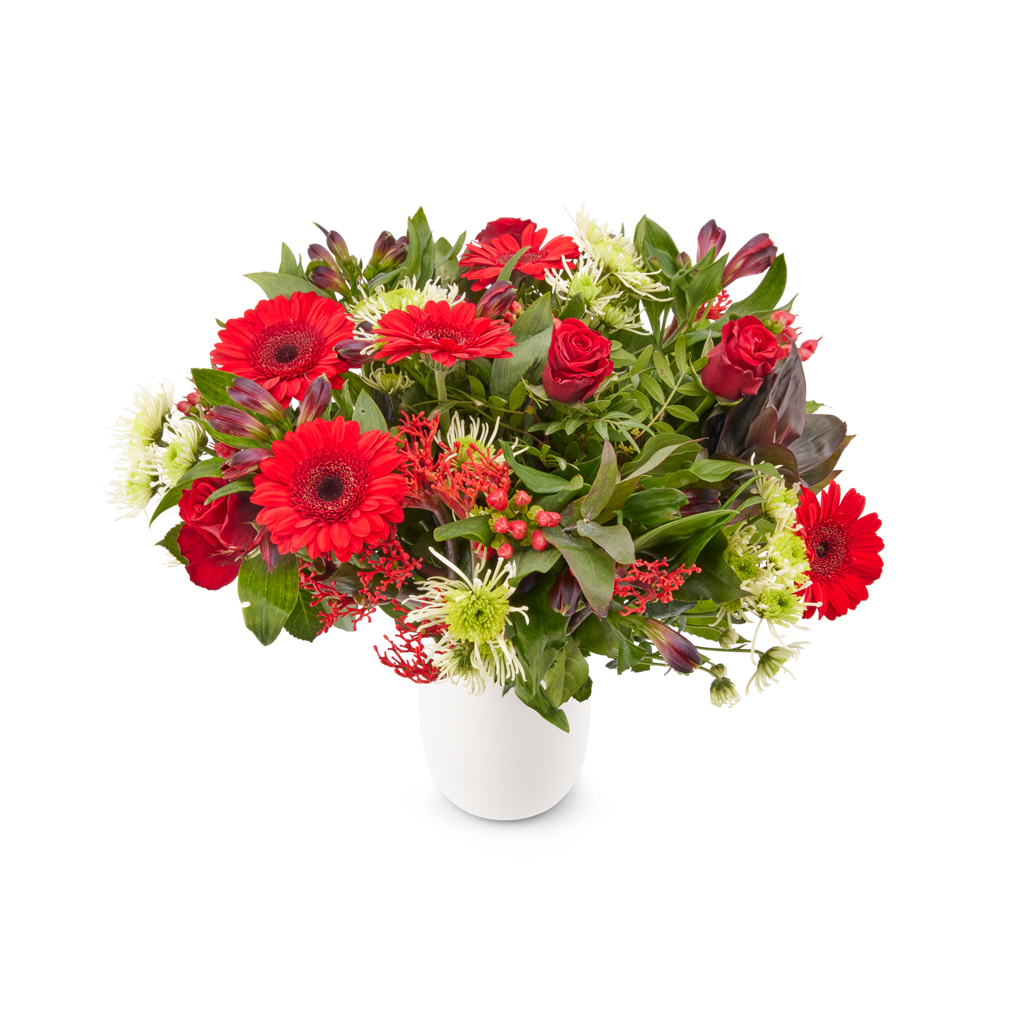 Boeket rode bloemen met gerbera's en rozen, geleverd met een gratis gepersonaliseerd cadeaukaartje.
