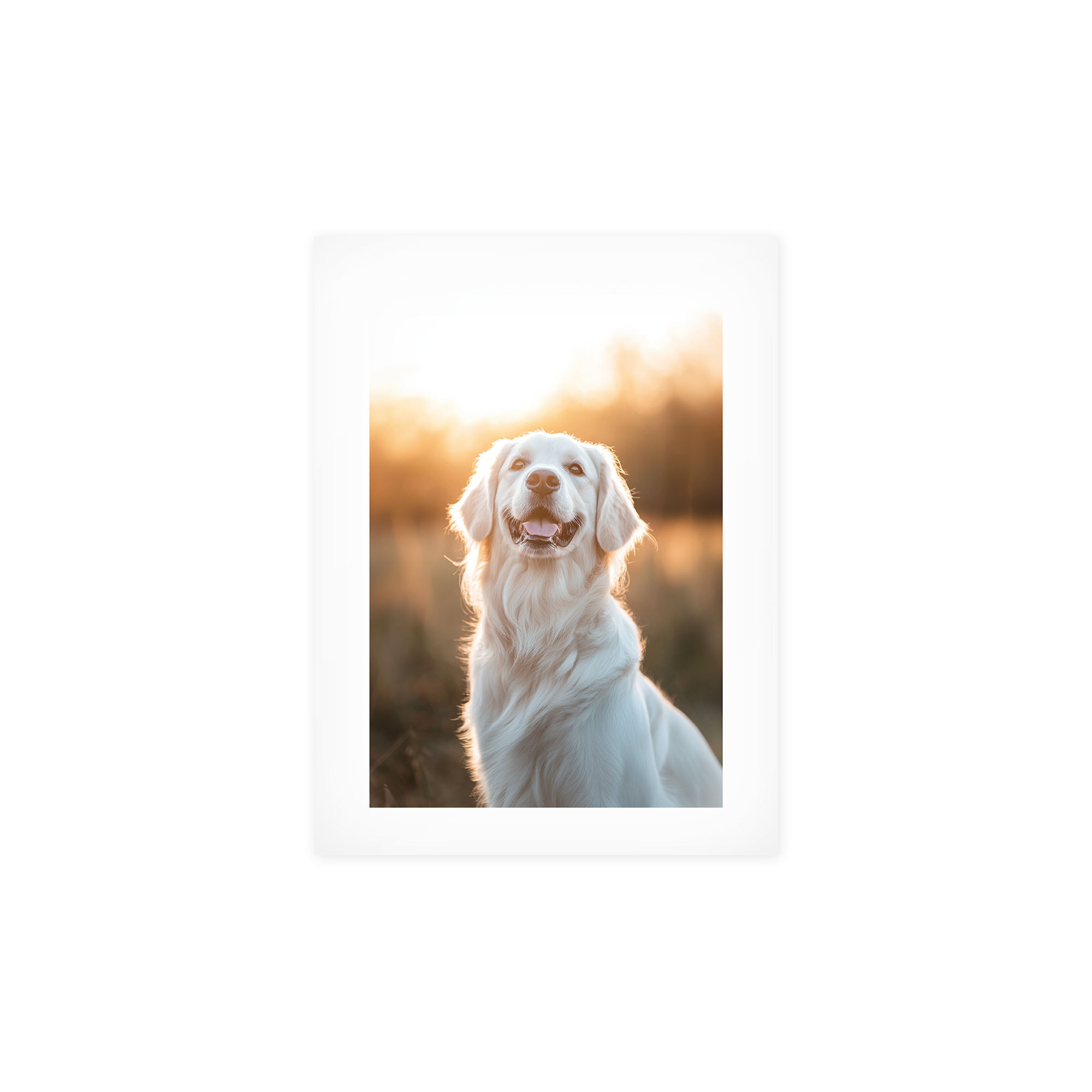 Személyre szabott poszterfotó mosolygós golden retrieverről naplementében, egyedi ajándék kedvenc pillanataihoz