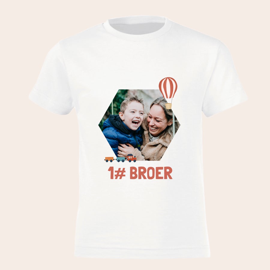 T-shirt - Grote broer / zus bedrukken Wit bedrukt t-shirt voor kinderen, gepersonaliseerd met een foto, de tekst 1# BROER en trein illustraties.