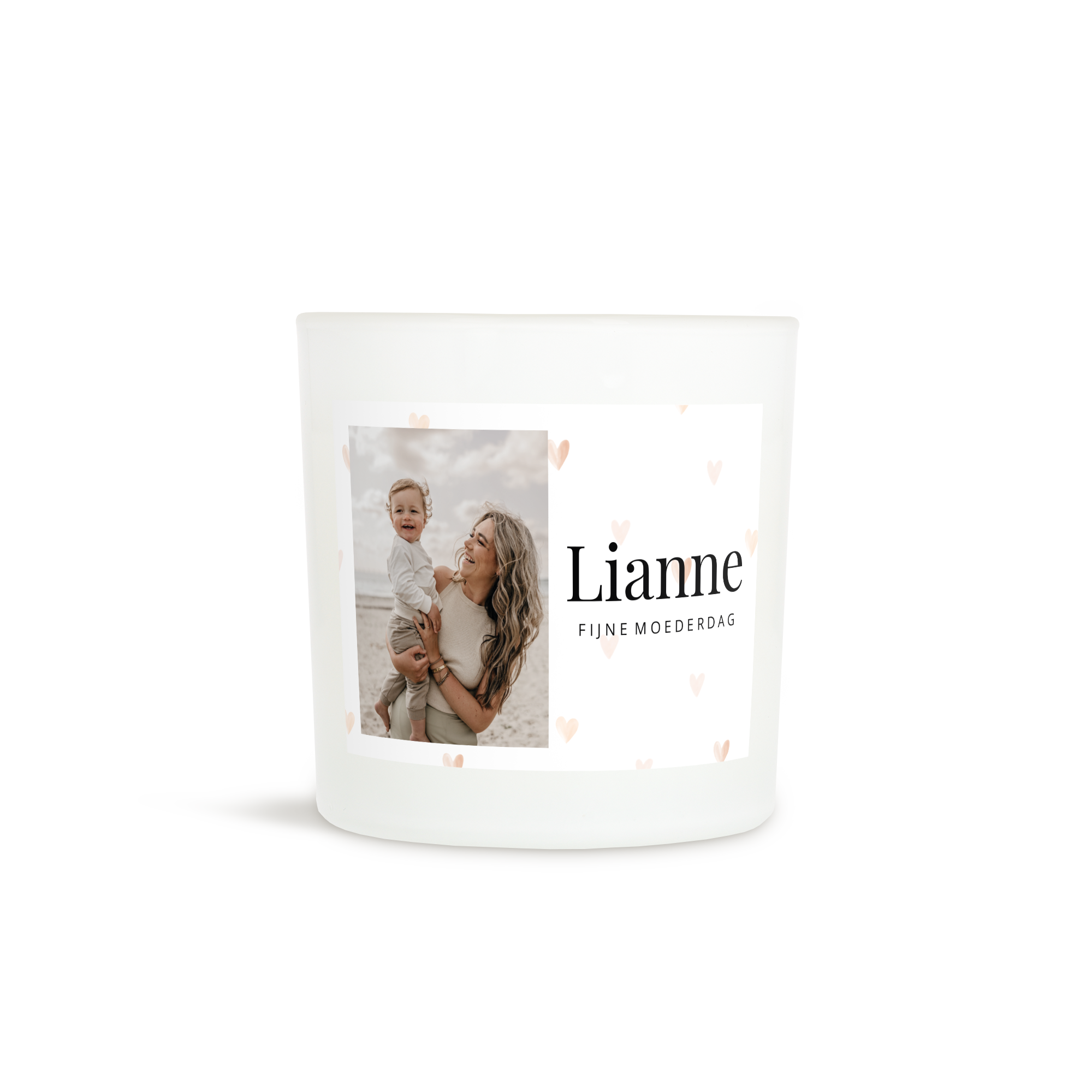 Gepersonaliseerde kaarshouder met foto van moeder en kind, en de tekst 'Lianne Fijne Moederdag', bedrukt op het etiket.