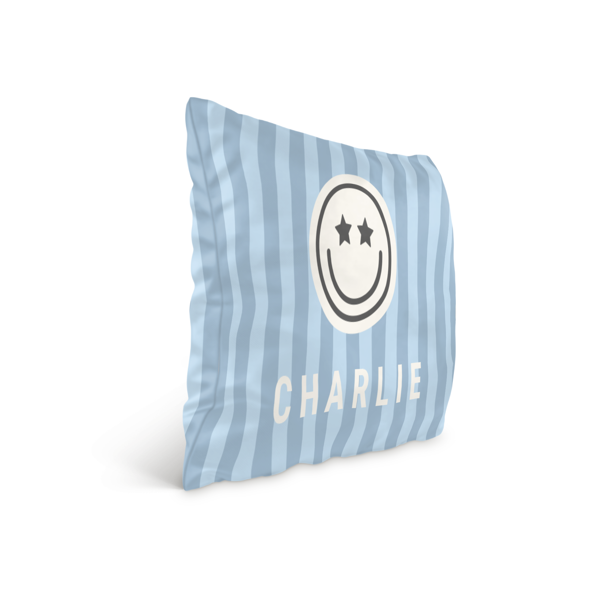 Personalised toddler duvet cover set - 120 x 150 cm - Pillowcase 40 x 60 cm - Fully printed with blue stripes name Charlie and a smiley face