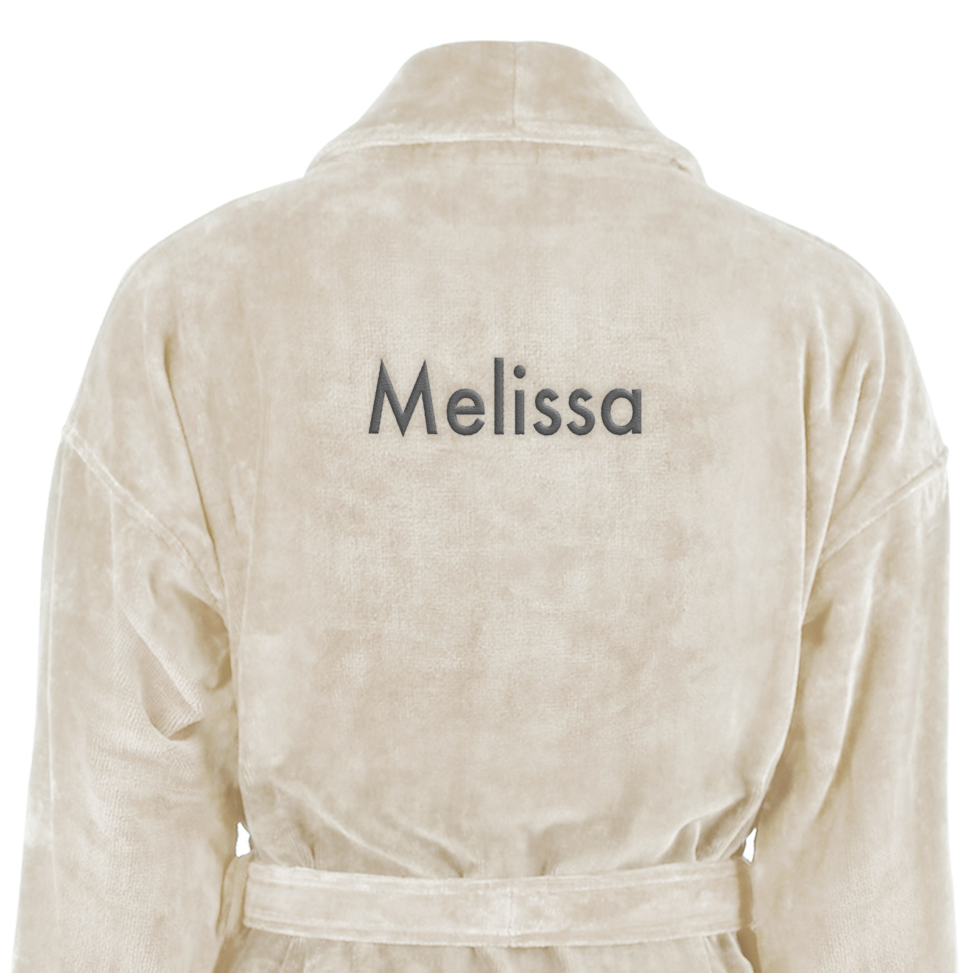 Cremefarbener Bademantel aus Frottee mit dem Namen "Melissa", als Ihr eigener Bademantel mit Namen bestickt
