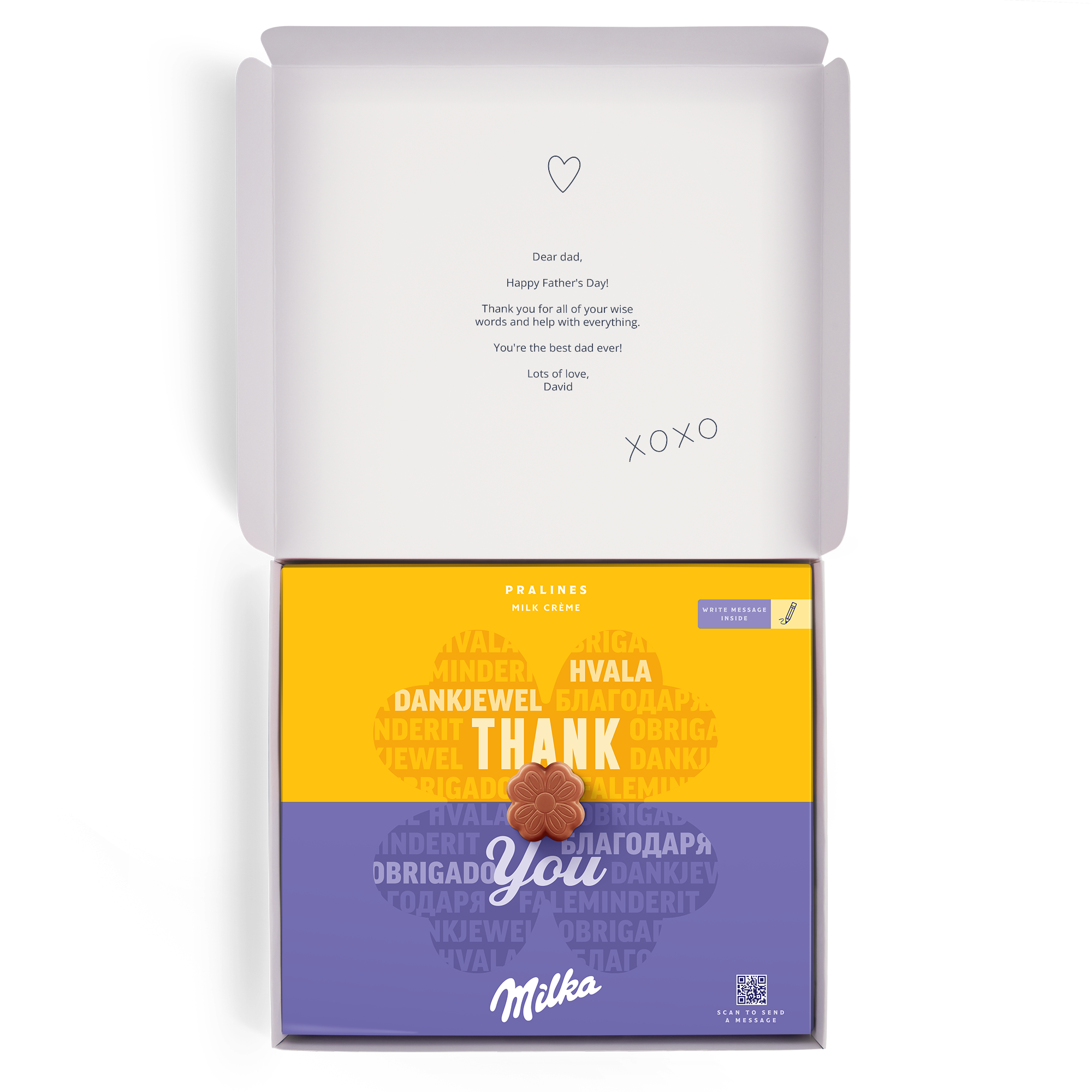 Confezione regalo Milka personalizzata per la Festa del Papà, con messaggio "Dear dad, Happy Father's Day!" e pralina al cioccolato.