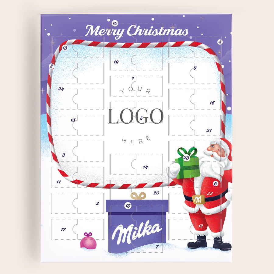 Joulukalenteri kuvalla ja/tai tekstillä - Milka Favourites -suklaa Milka-adventtikalenteri omalla logolla, kuvalla tai tekstillä painettuna. Laske jouluun tämän henkilökohtaisen adventtikalenterin avulla.