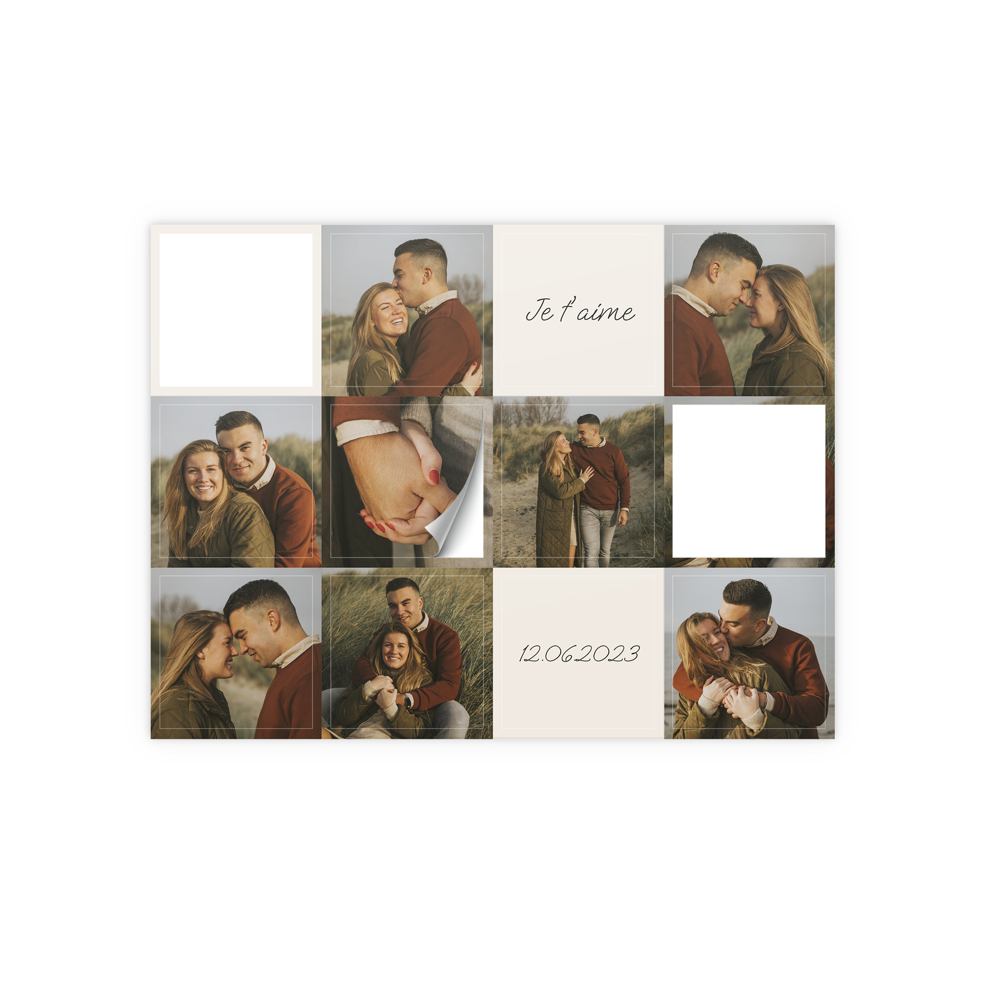 Autocollants personnalisés avec collage de photos d'un couple et le texte "Je t'aime" et la date "12.06.2023"