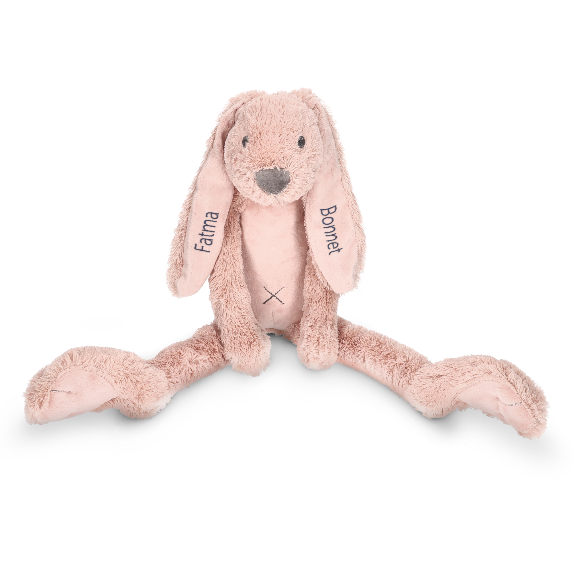 Doudou lapin tout doux personnalisé brodé avec les noms Fatma et Bonnet sur les oreilles