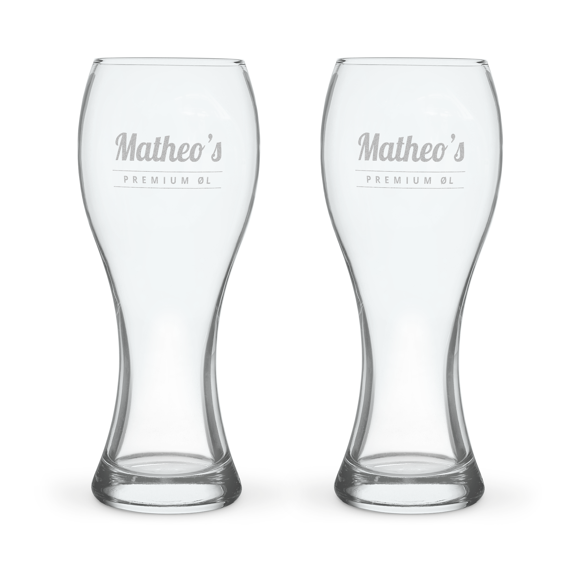 To Royal Leerdam ølglas indgraveret med navnet Matheo's og teksten Premium Øl. Nyd din yndlingsøl fra dette særlige ølglas!