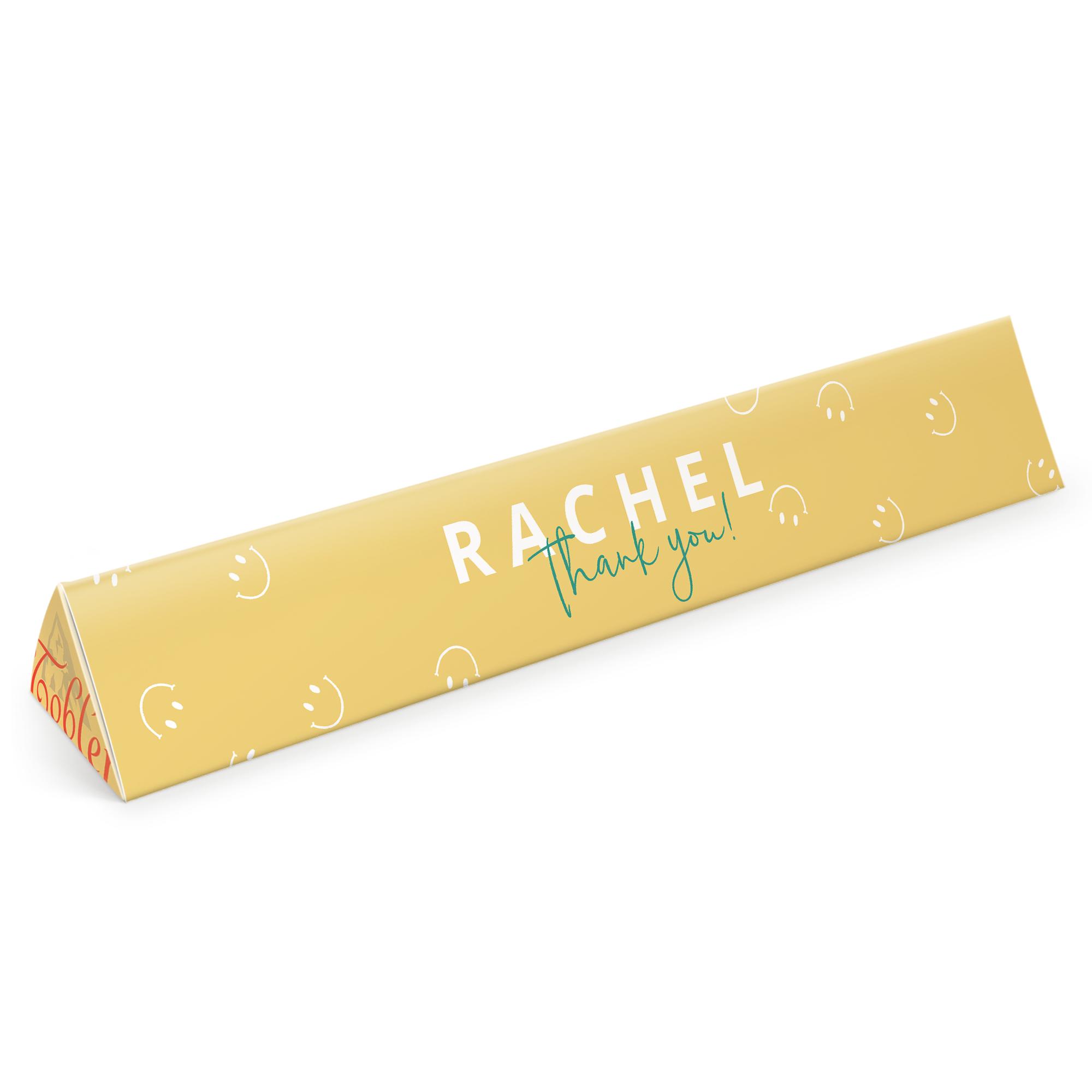 Giant Toblerone milk chocolate bar with custom Rachel Thank You message printed on a yellow wrapper with smileys