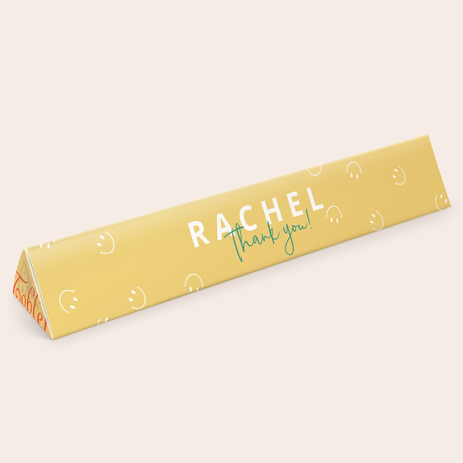 Personalizovaná Toblerone XXL Personalizovaná mliečna čokoláda XXL Toblerone s potlačou mena Rachel a textom Thank you!