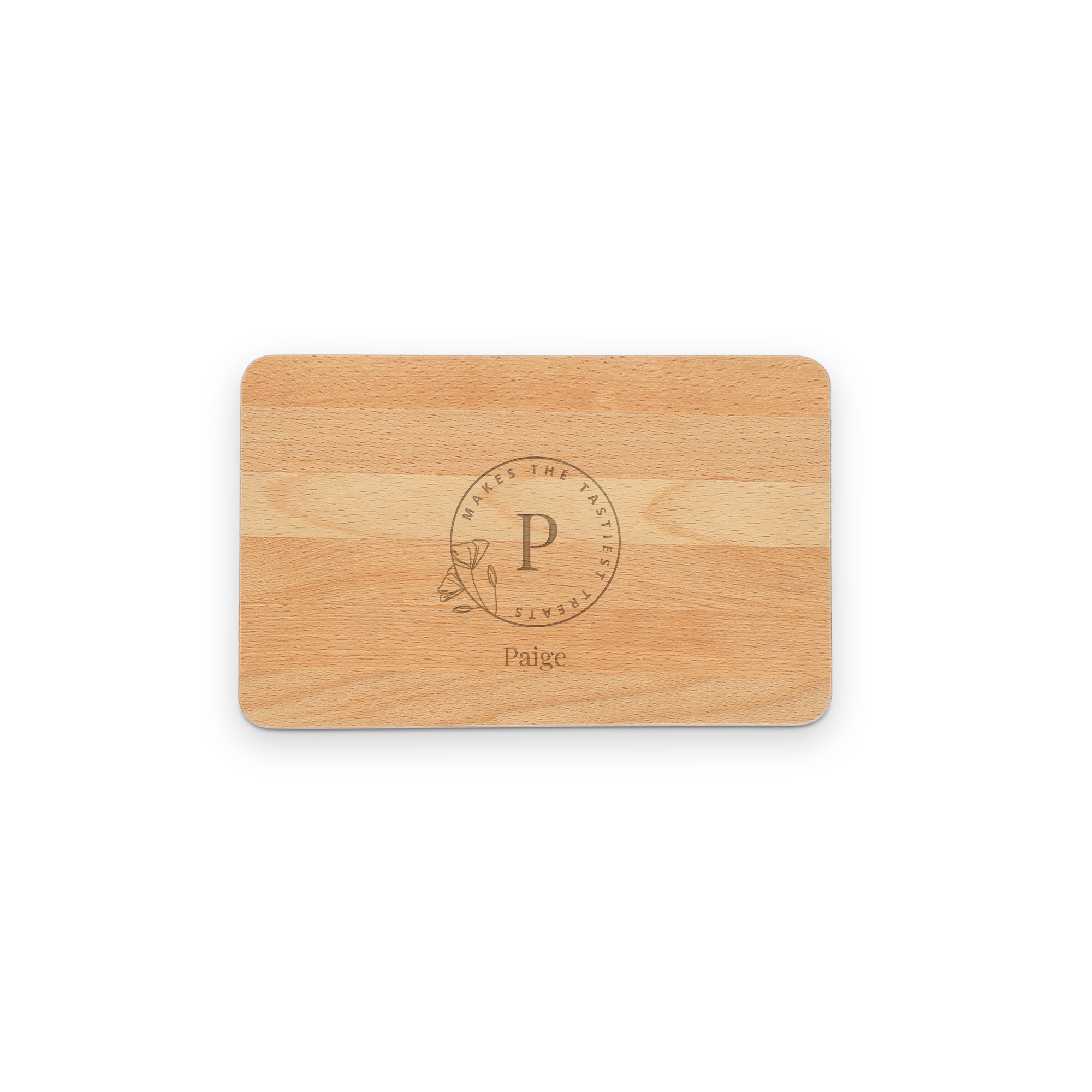 Engraved wooden chopping board with a circle design, a floral illustration, the initial P, and the name Paige