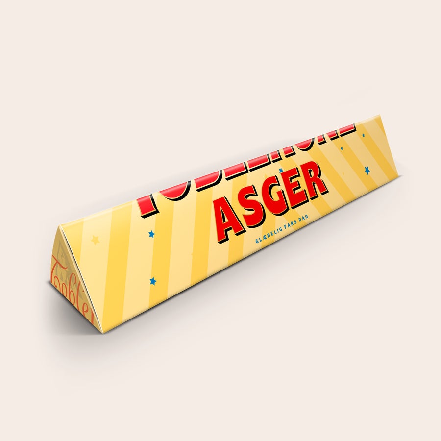 Toblerone med navn - Fars Dag Personaliseret Toblerone chokolade til far med navn Asger og Glædelig Fars Dag printet på indpakningen