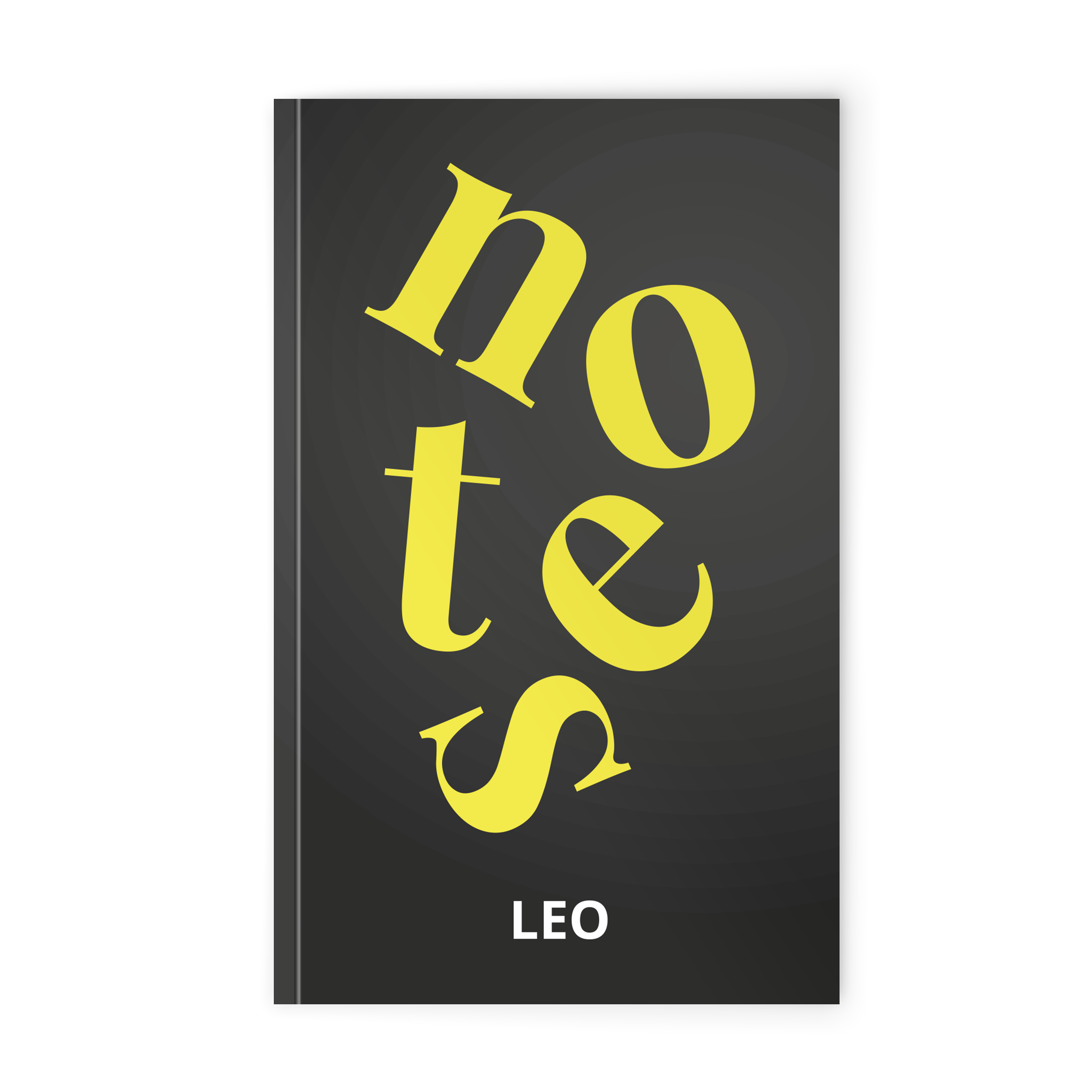 Fekete notebook sárga "notes" felirattal és "LEO" névvel, személyre szabhatja a notebookot a legszebb képekkel.