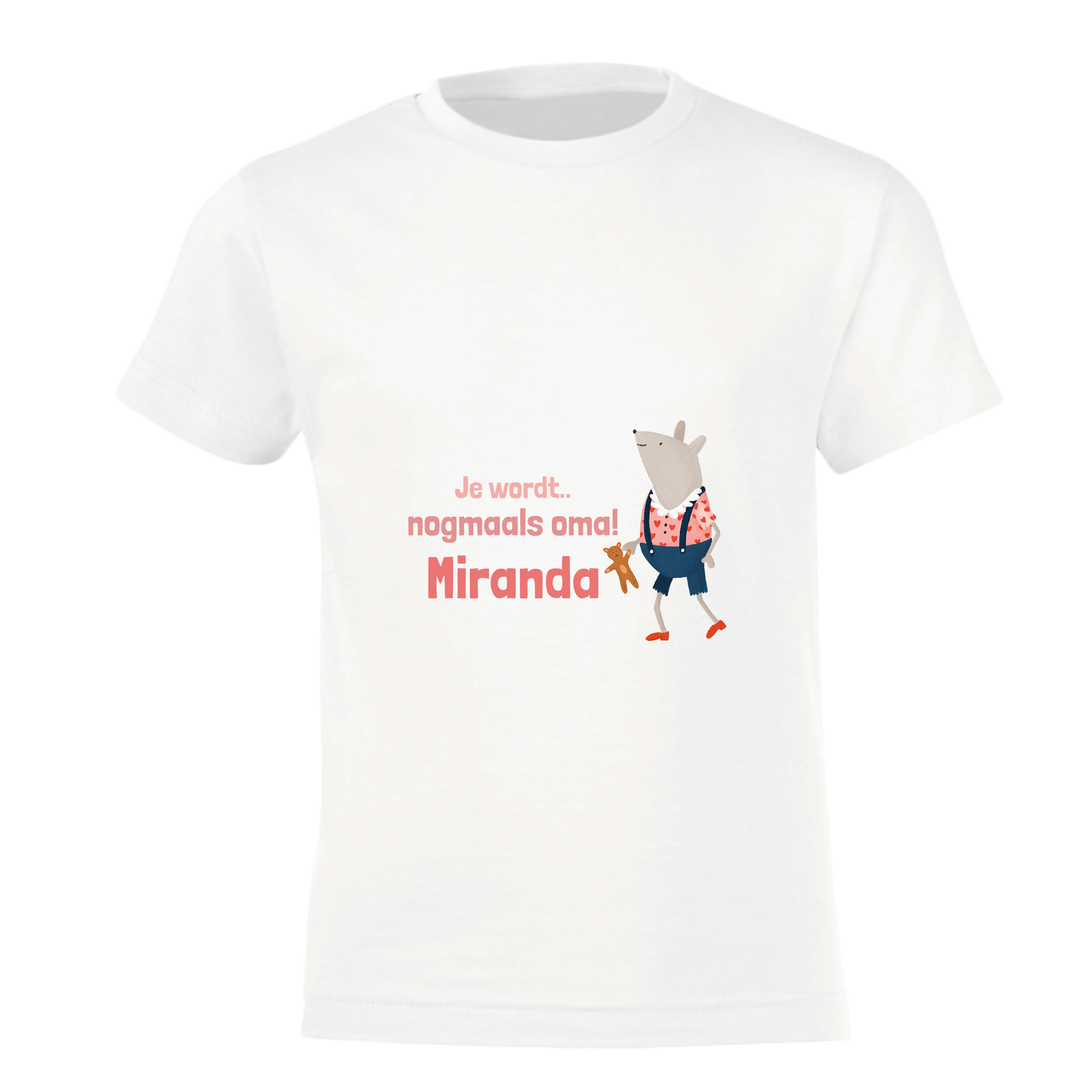 Wit bedrukt t-shirt voor tweede zwangerschap aankondiging met tekst Je wordt nogmaals oma Miranda
