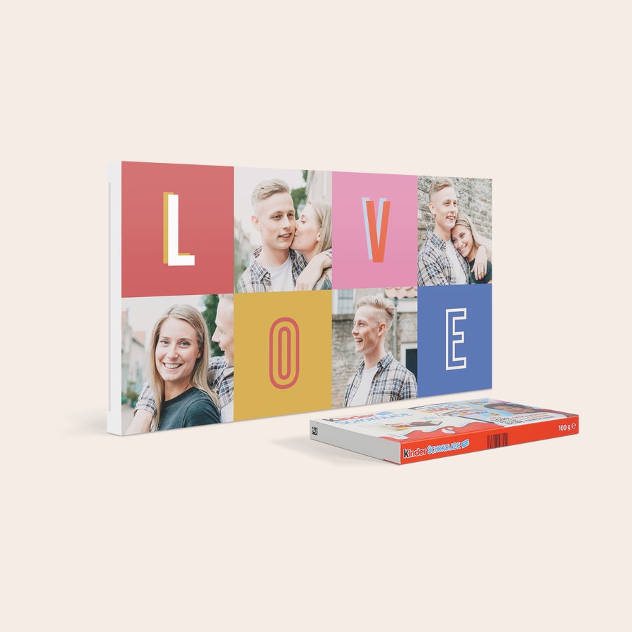 Personlig kinder-chokolade Personlig Kinder Maxi chokolade - 32 chokoladebarer med foto og teksten LOVE påtrykt, der kan tilpasses.