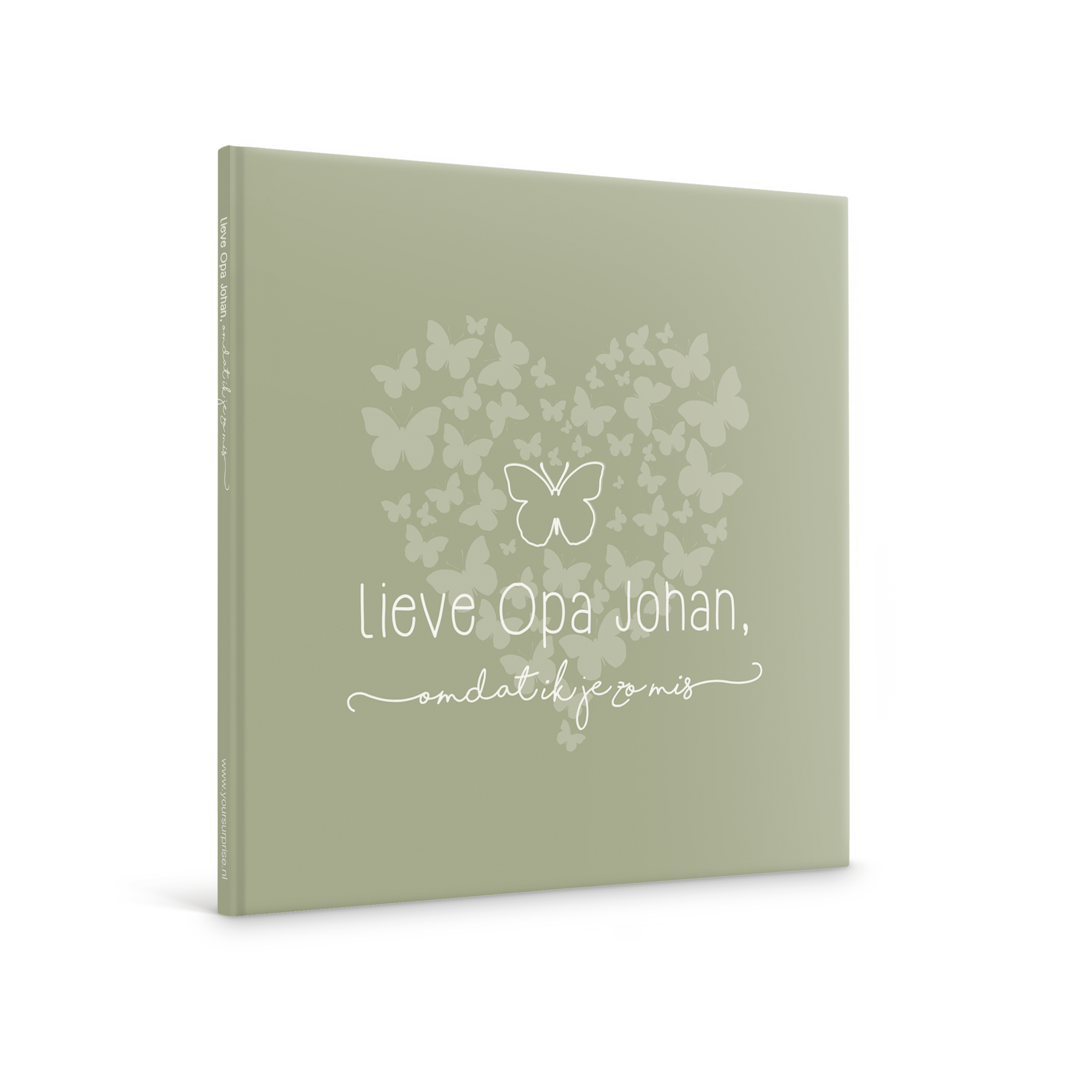 Gepersonaliseerd boek - Lieve Opa, omdat ik je zo mis - Hardcover, met een mintgroene kaft en een hartvormig vlinderpatroon, bedrukt met de naam Johan.