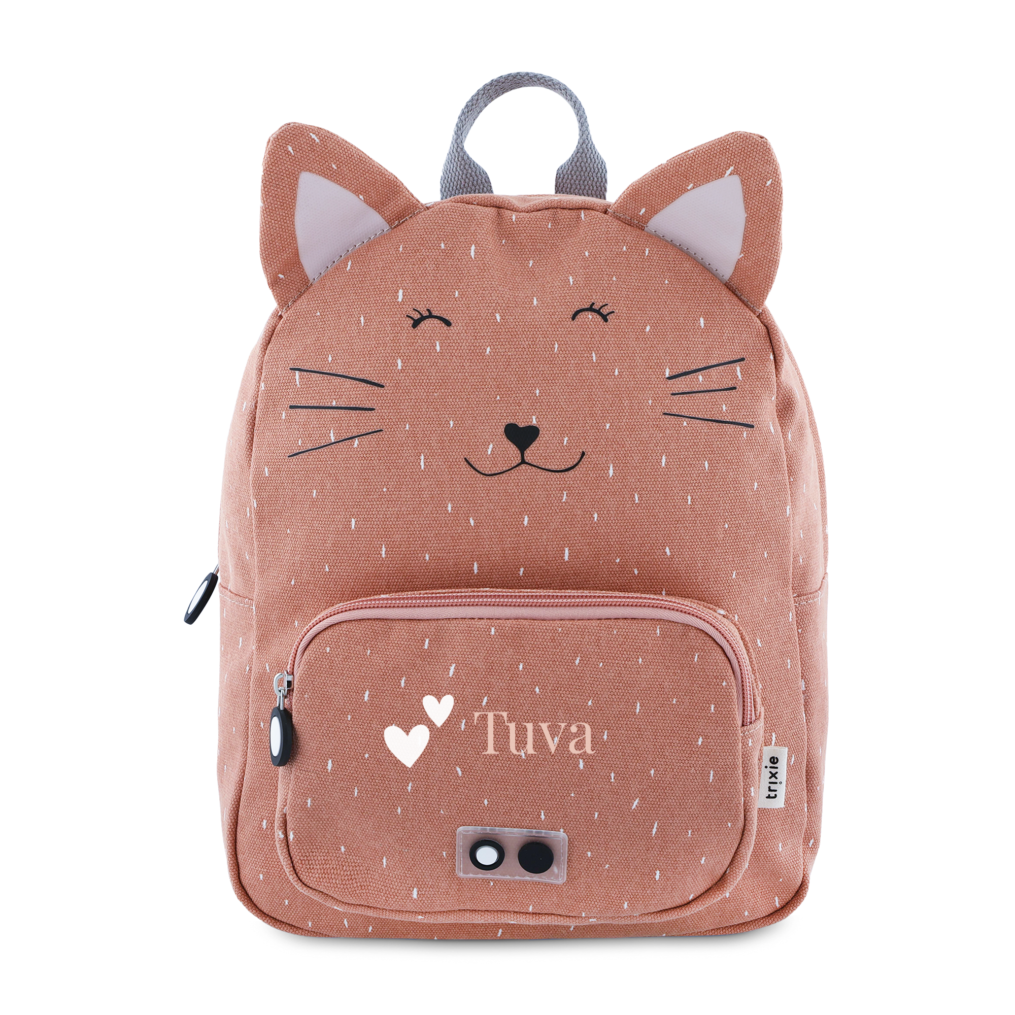 Rosa Trixie barneryggsekk som katt med "Tuva" trykt foran.