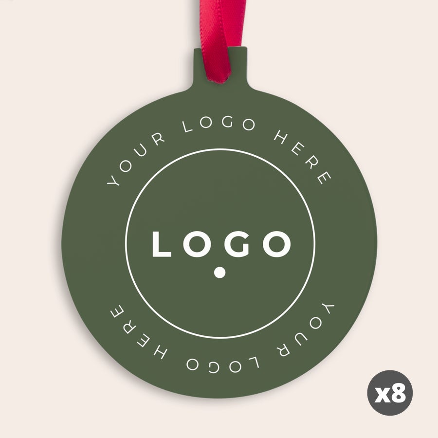 Ornement de Noel personnalisé Décoration de Noël ronde en aluminium vert personnalisable avec logo blanc, x8, sur ruban rouge