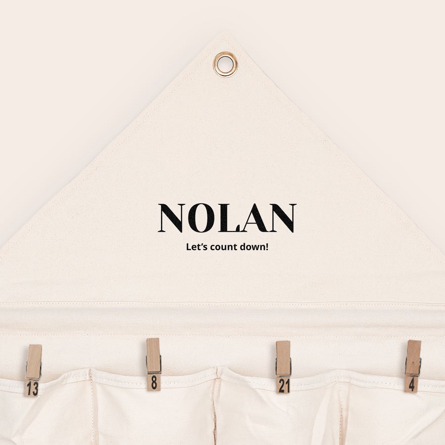 Calendário do Advento de bolso em tecido Calendário do Advento em tecido personalizado, nome Nolan e frase Let's count down impressos, para fazer uma contagem regressiva para o Natal