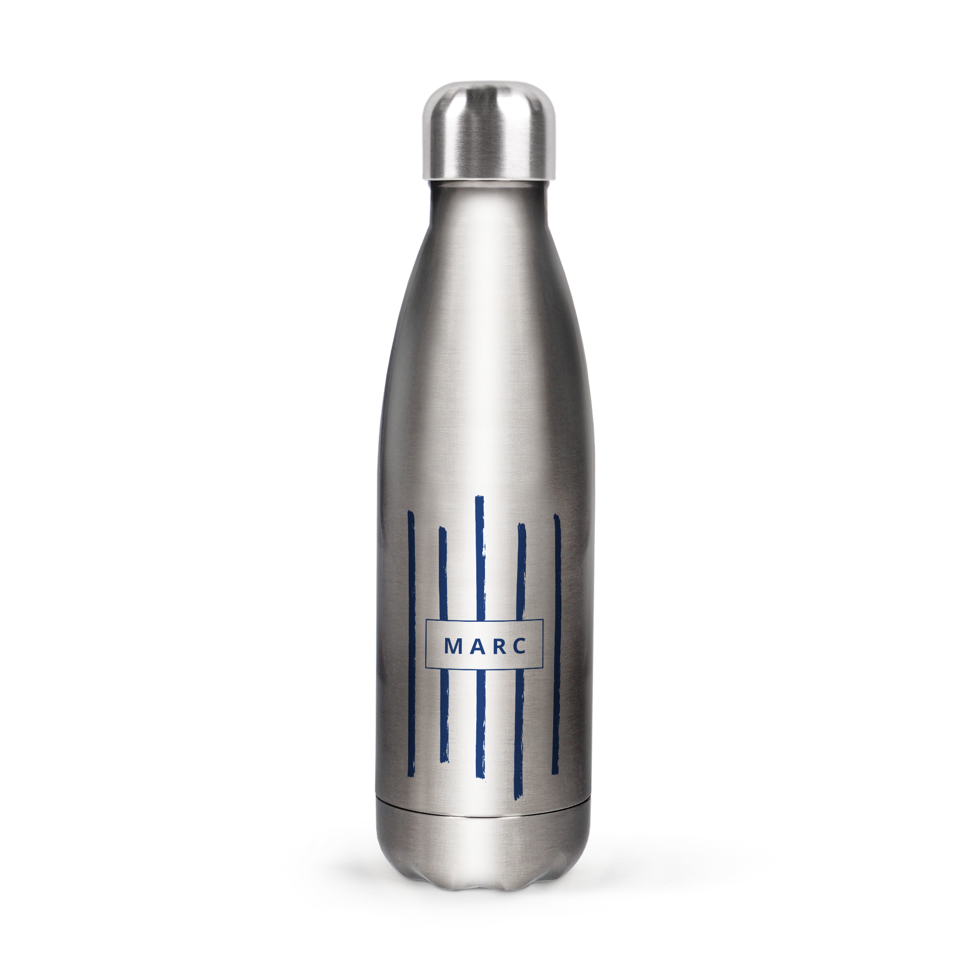 Bouteille en inox personnalisée avec le prénom Marc imprimé sur un motif à rayures bleues