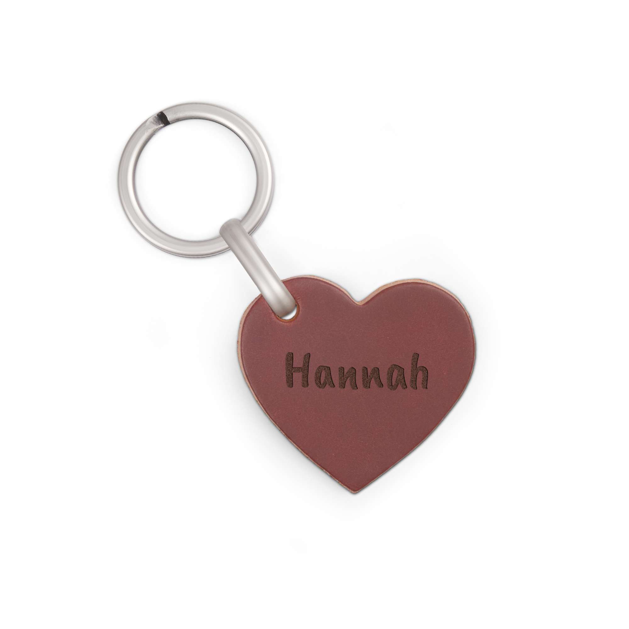 Henkilökohtainen sydämen muotoinen nahkainen avaimenperä Hannah-nimellä laser-kaiverrettuna, avainrenkaalla.