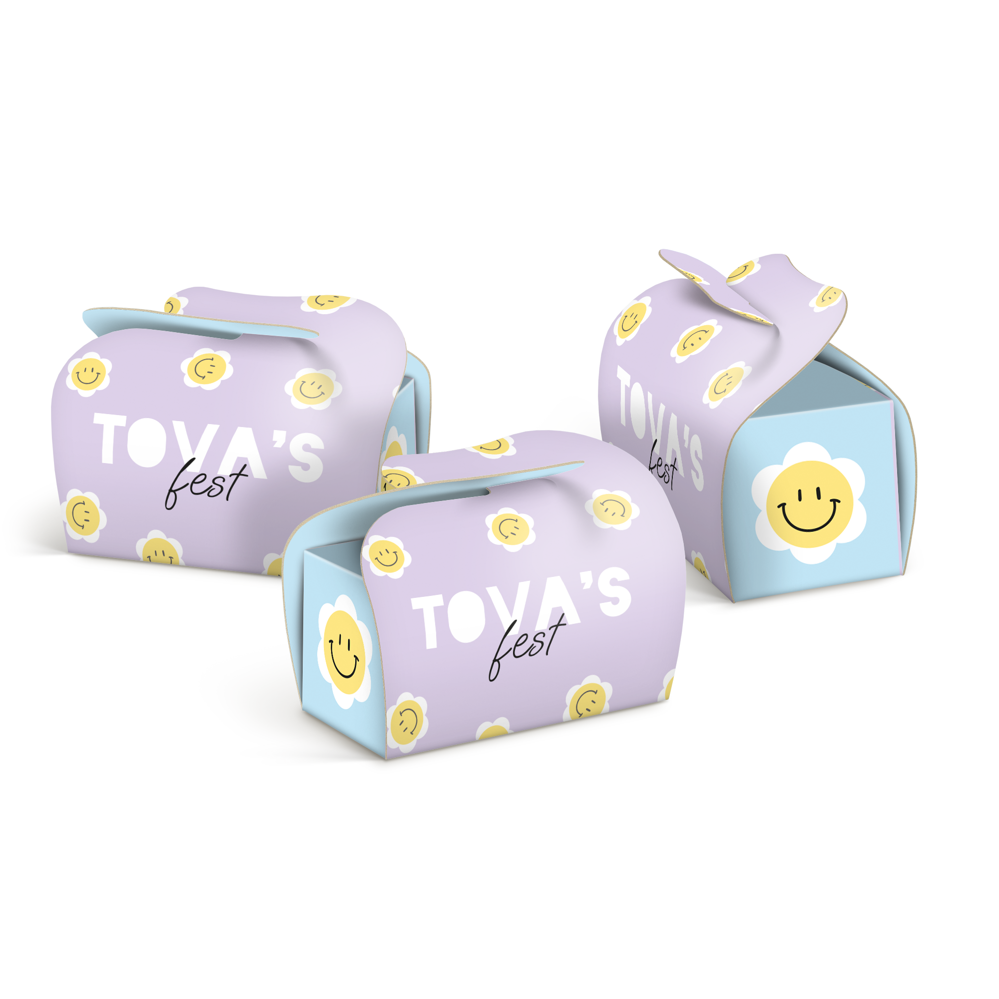 Tre personliga lila presentaskar med texten "TOVA'S fest", blommönster och glada smileys. Designa små stunder av glädje med din unika design.