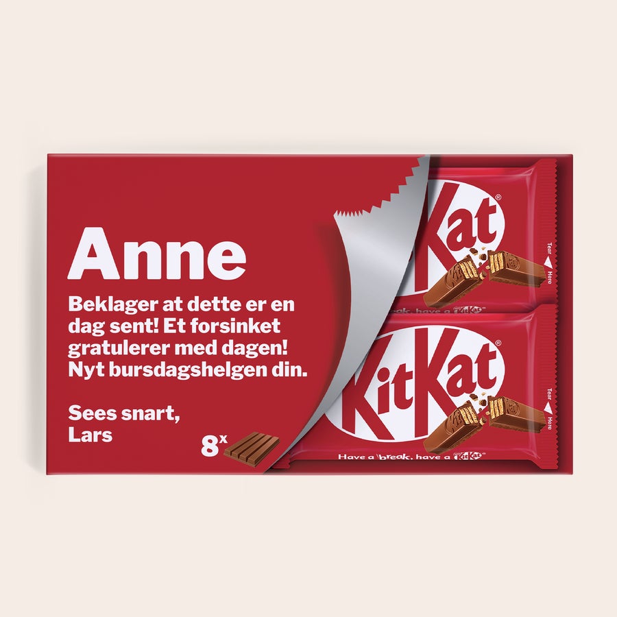 Personlig KitKat Bars gaveeske KitKat Bars gaveeske med personlig trykk av navnet Anne og en melding fra Lars.
