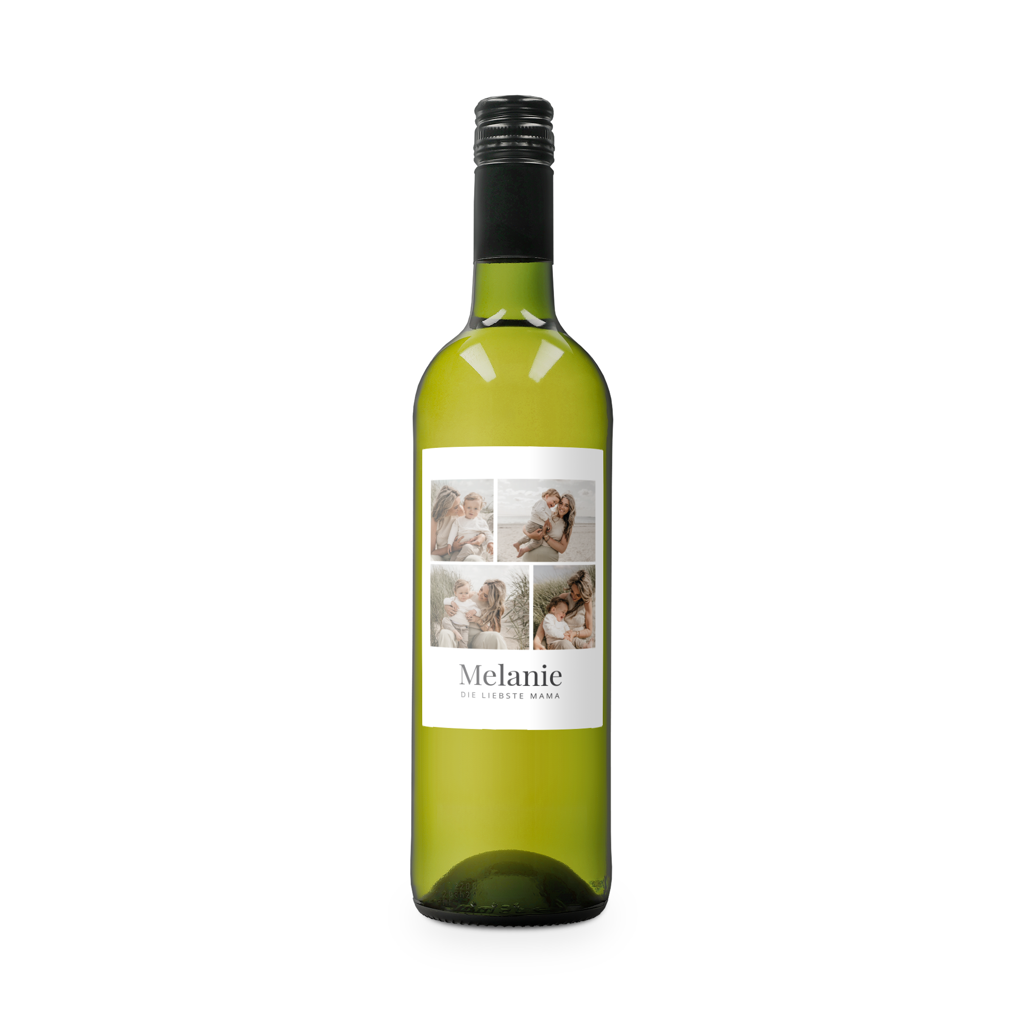 Flasche Belvy Weißwein mit eigenem Etikett, bedruckt mit einer Fotocollage und dem Namen Melanie