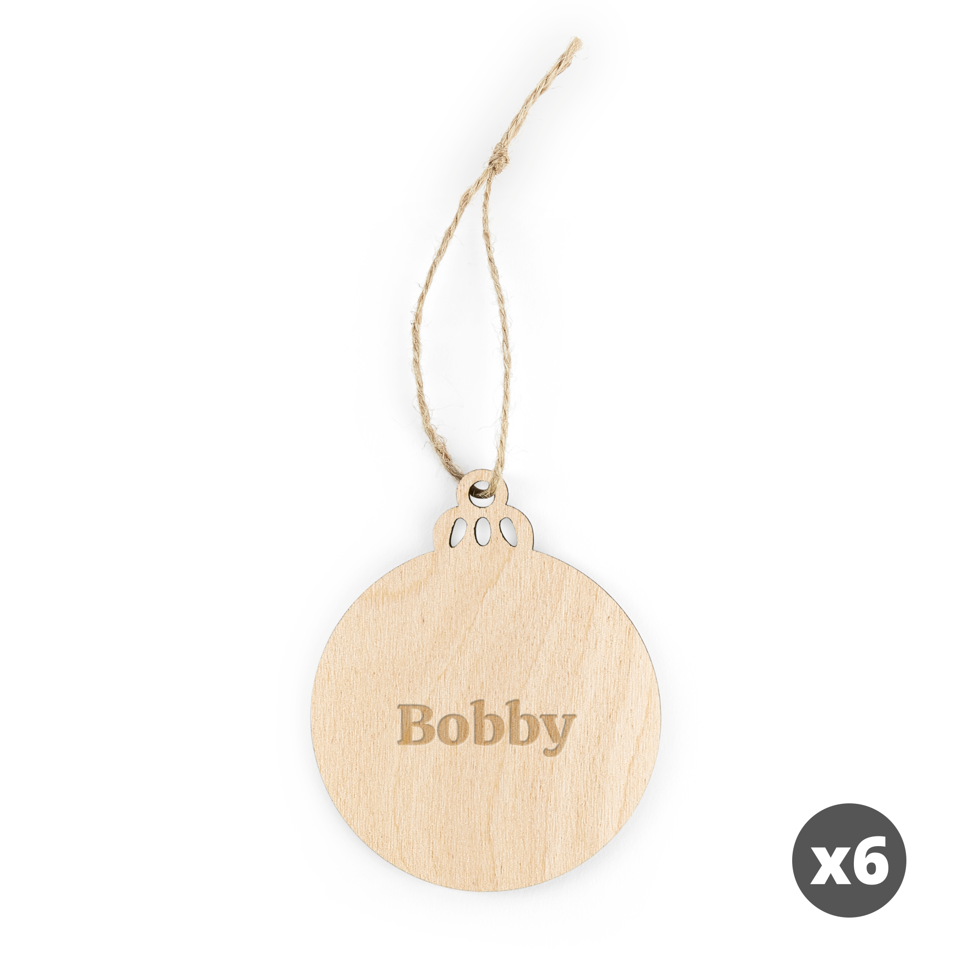 Bola de Natal de madeira personalizada gravada com o nome Bobby, para decorar a sua árvore de Natal