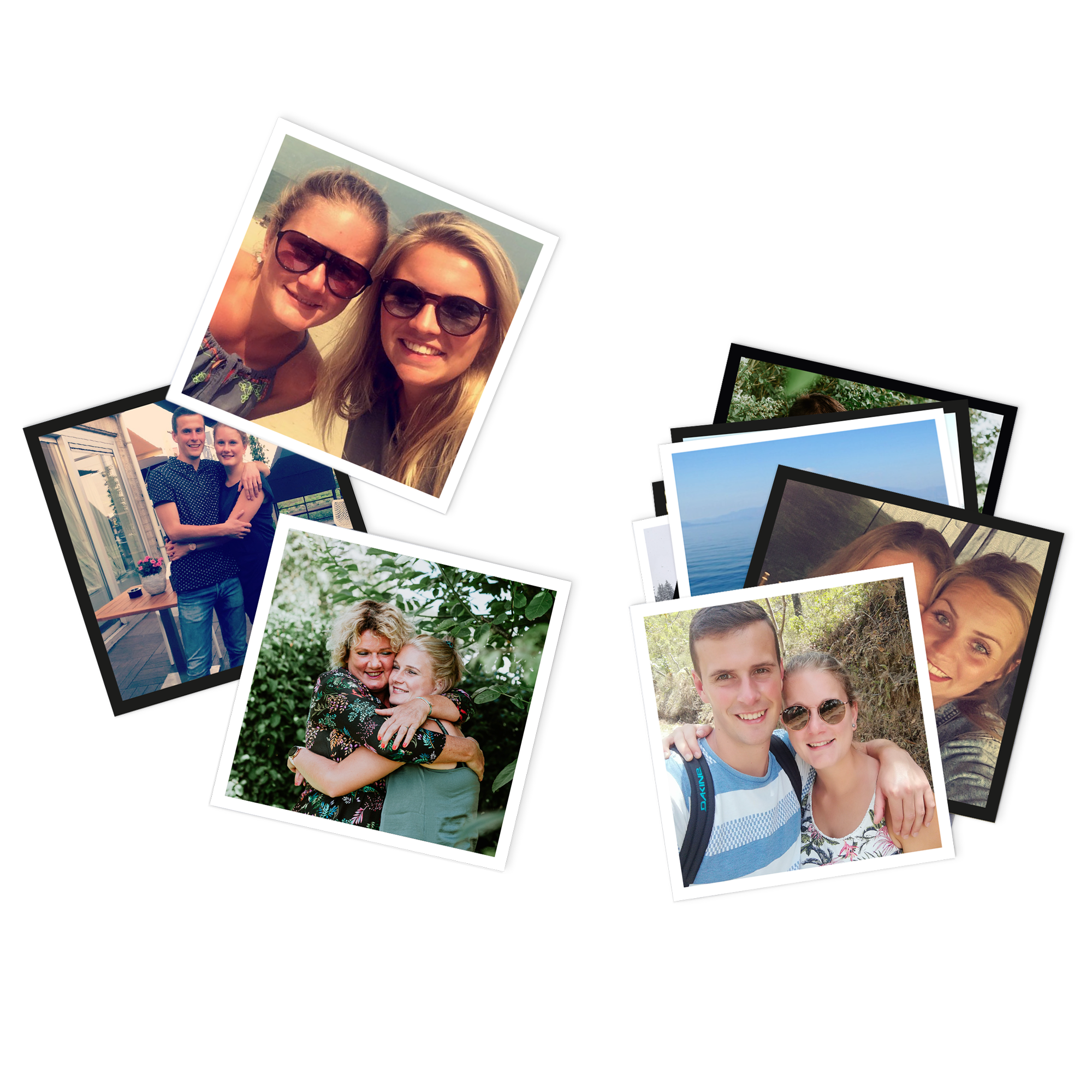 A collection of personalized square photo prints showing various joyful memories and smiling faces