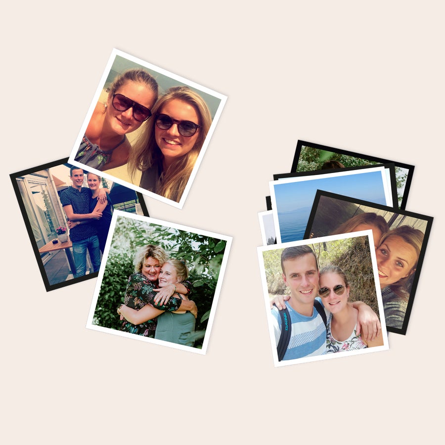 Retro afdrukken Set persoonlijke polaroids bedrukt met jouw mooiste herinneringen, waaronder fotos van stellen en vriendinnen.
