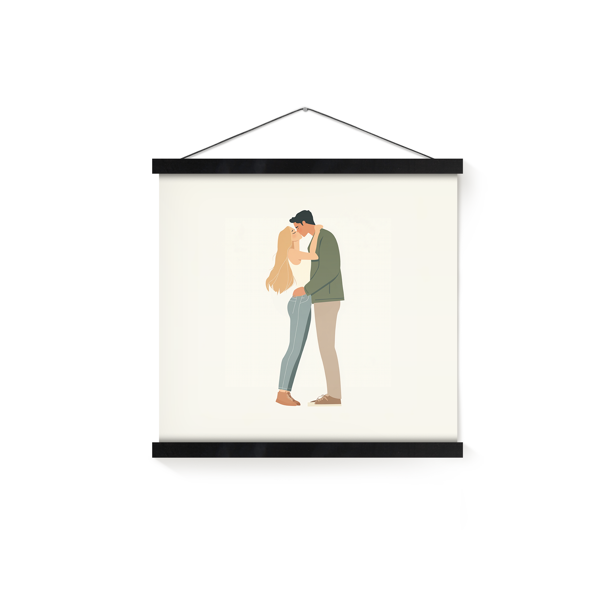 Customizable photo poster with a couple kissing, framed with a magnetic poster hanger for your most beautiful photo moment.