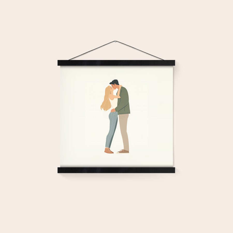 Poster personnalisé avec porte-affiche Affiche personnalisable imprimée avec illustration de couple s'embrassant, accrochée sur un porte-affiche magnétique noir.
