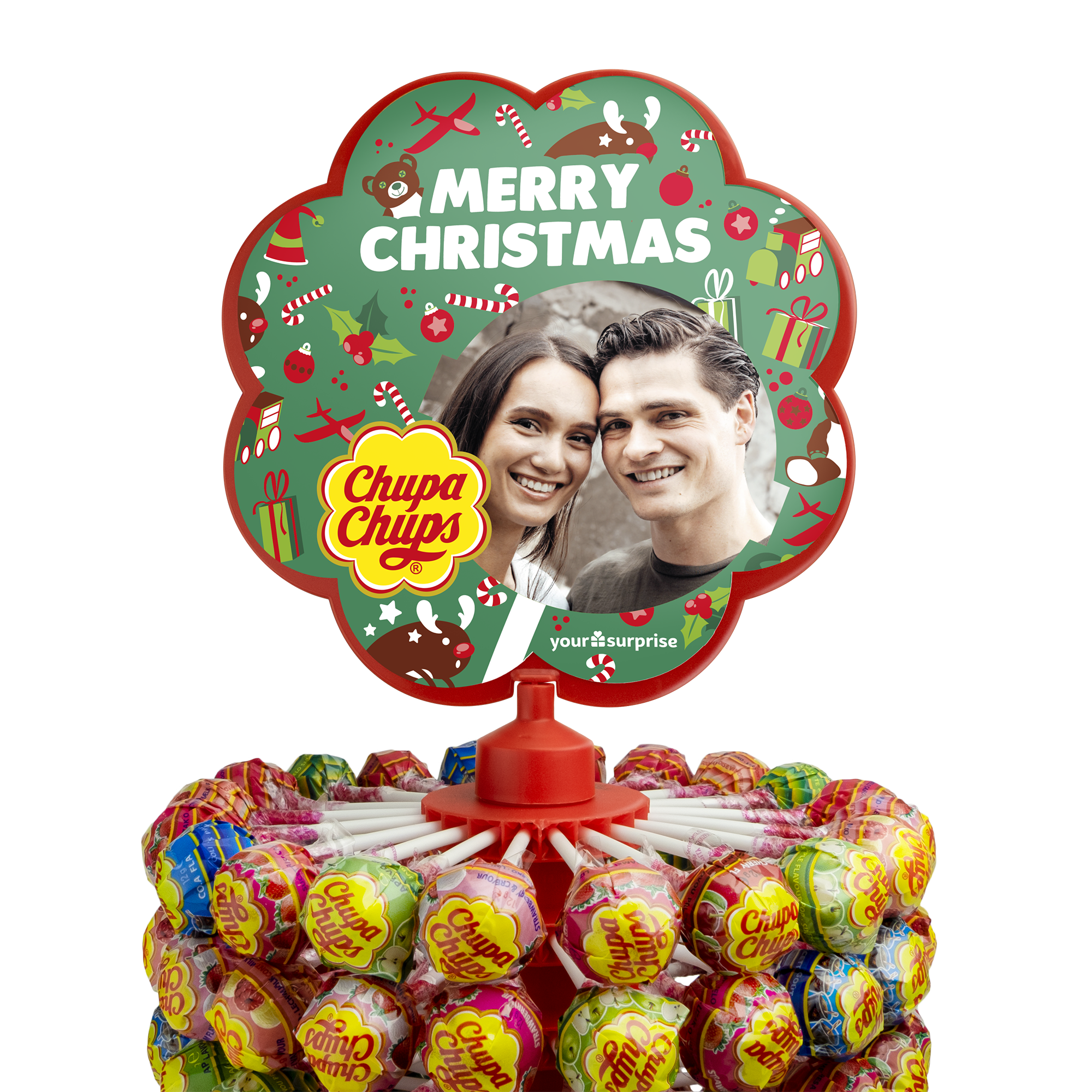 Chupa Chups lollipop tower with a personalized Merry Christmas design and photo of a couple