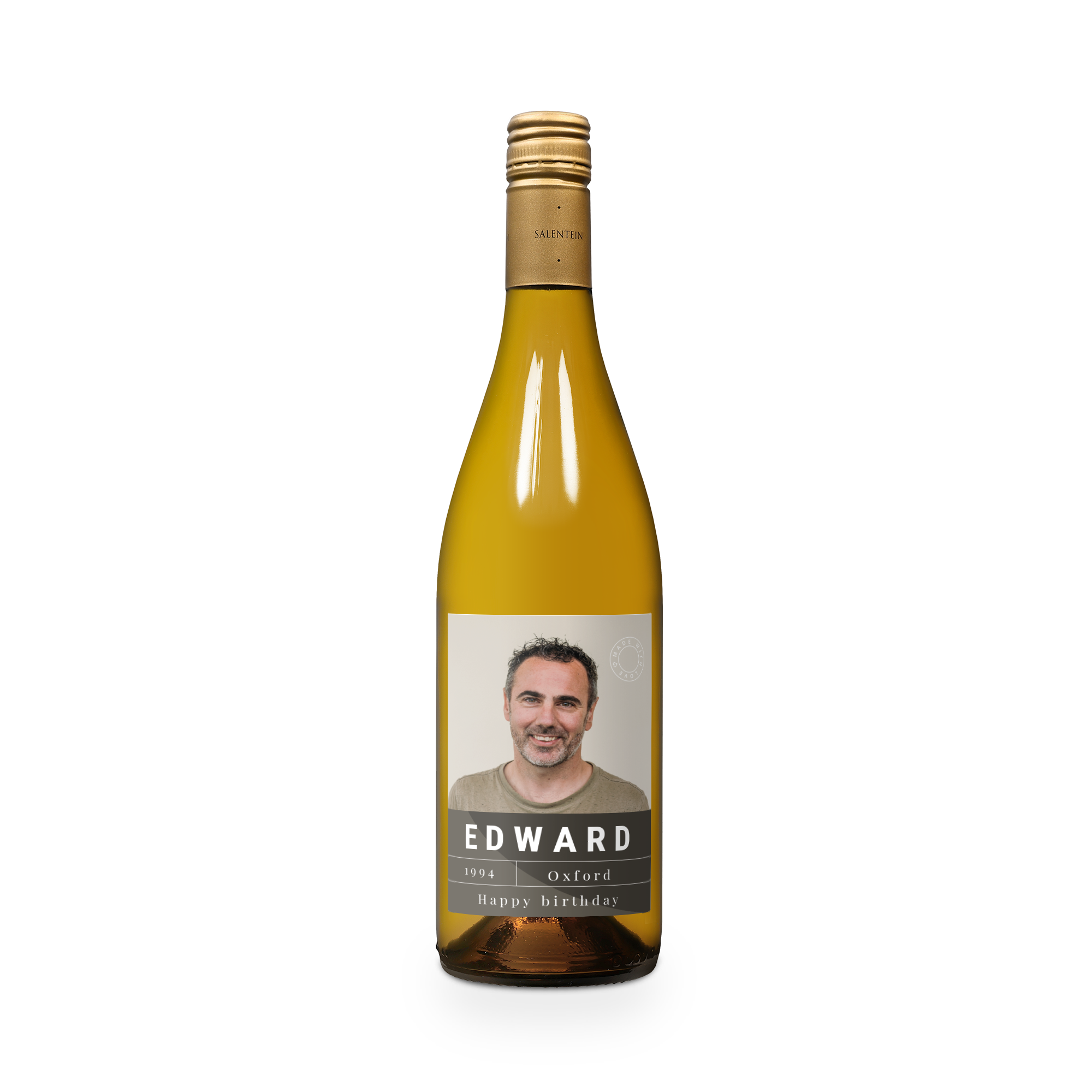 Salentein chardonnay with a personalized photo and text label including the name Edward and Happy Birthday