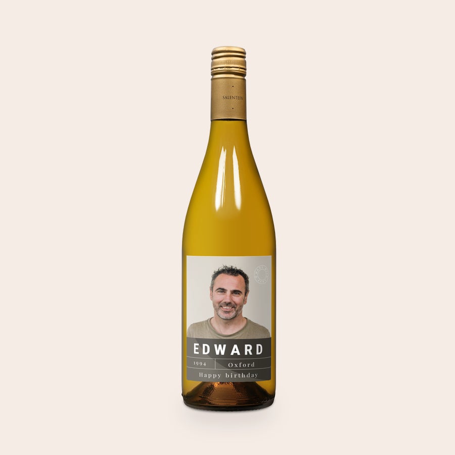 Wino w personalizowanej skrzynce Salentein Chardonnay Butelka Salentein Chardonnay z etykietą fotograficzną i tekstem Edward Happy birthday