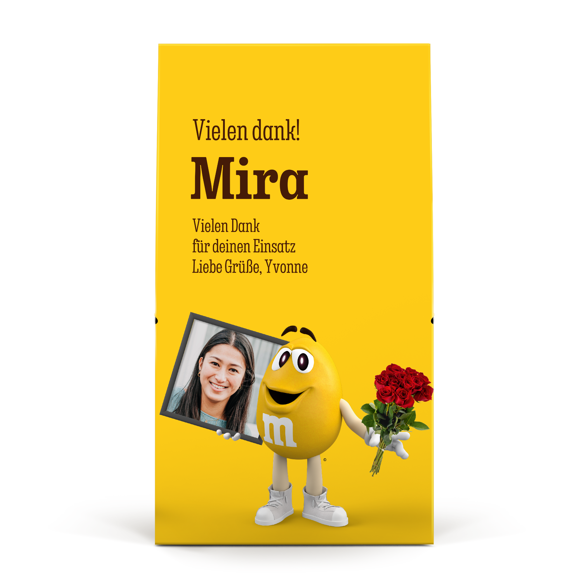 XL M&M's-Geschenkbox mit einem Foto von Mira und dem Text 