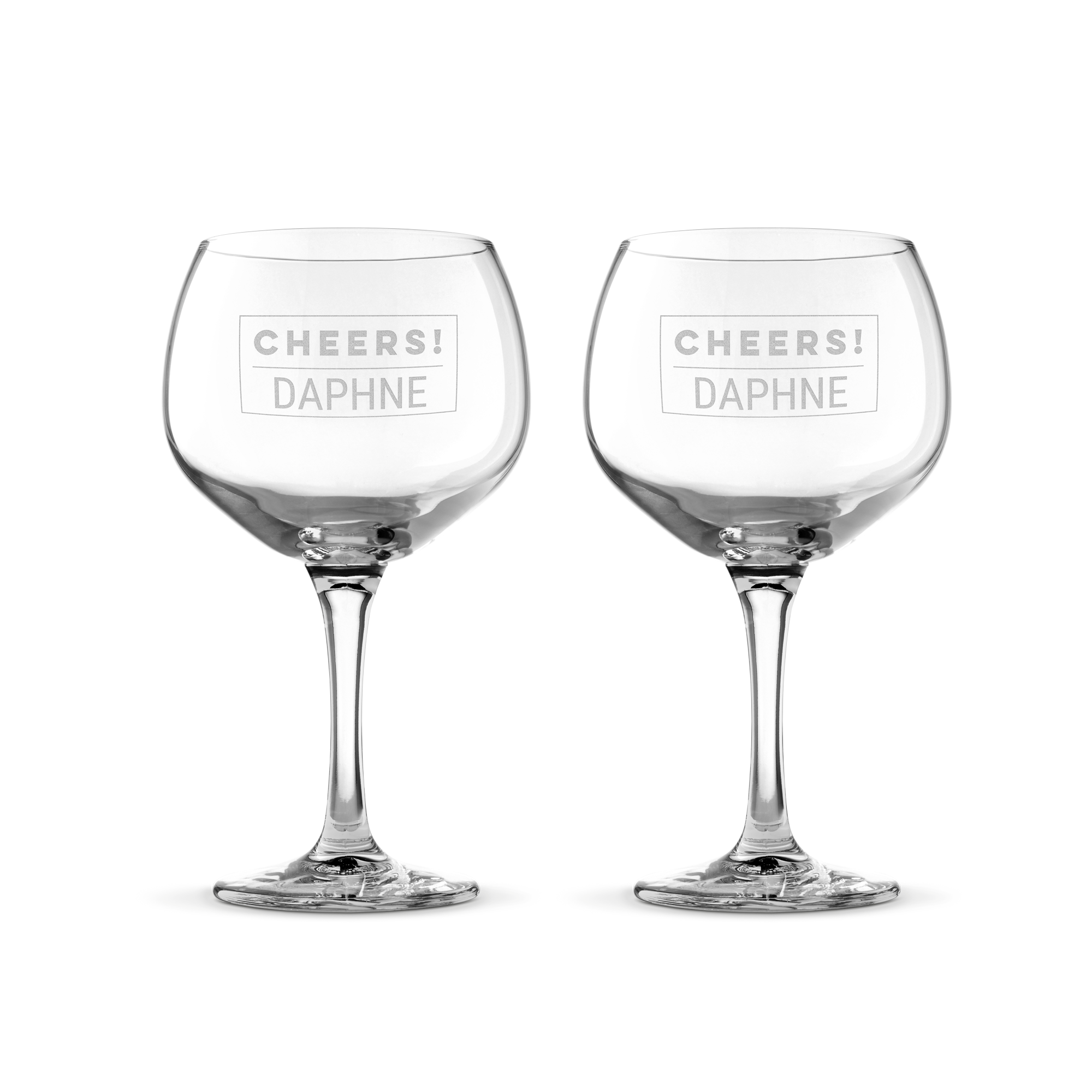 Két személyre szabott Gin és Tonic pohár gravírozva Cheers! Daphne felirattal