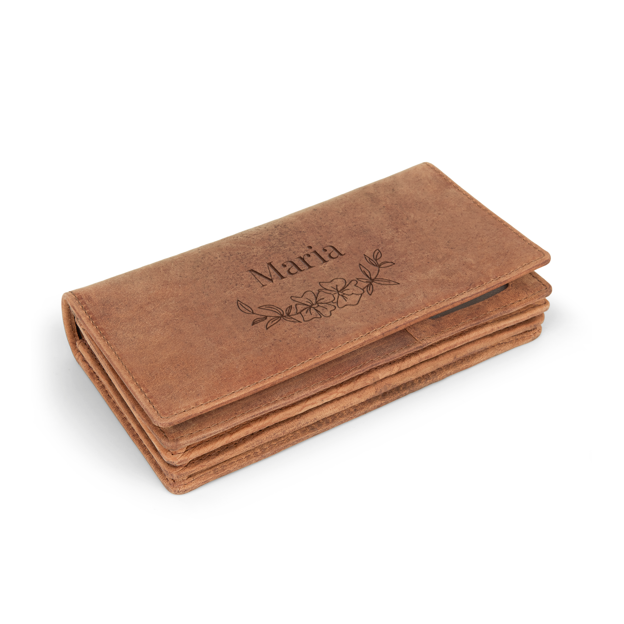 Élégant portefeuille en cuir de buffle marron personnalisé avec le prénom Maria et des fleurs gravées