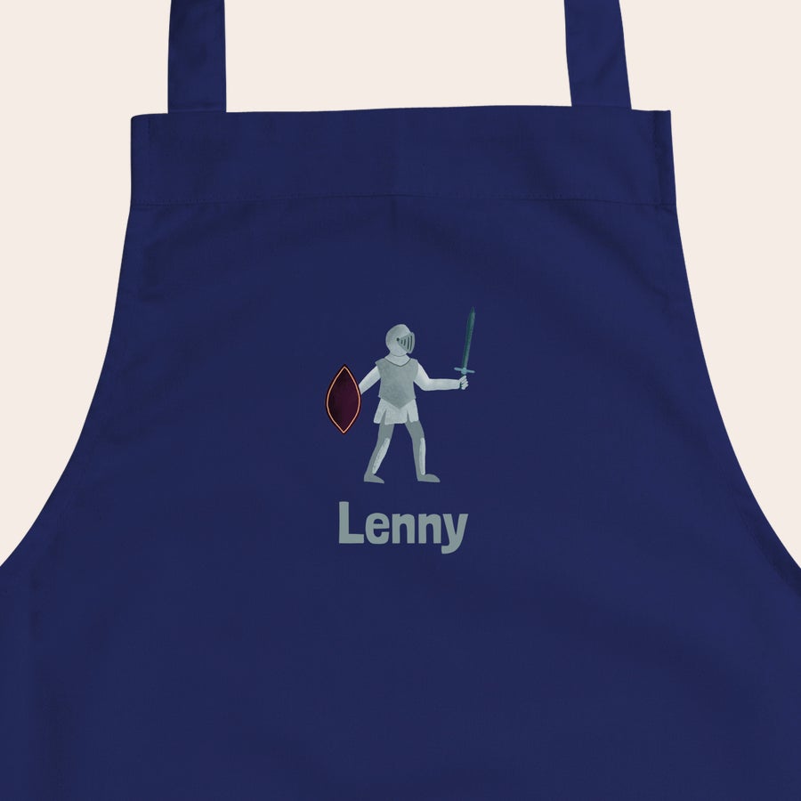 Tablier cuisine enfant personnalisé Tablier enfant bleu avec image de chevalier et prénom Lenny imprimés